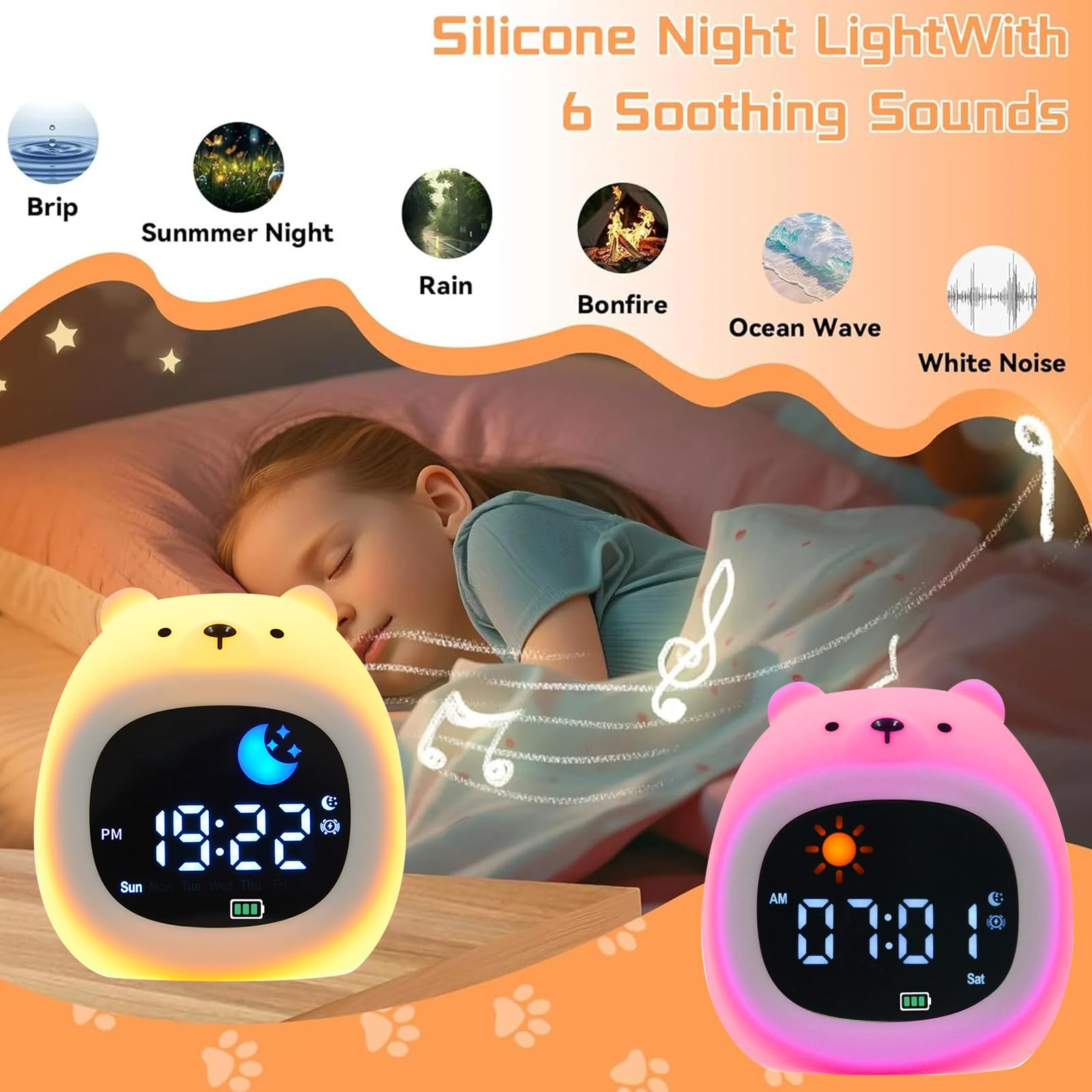 Kids Bear Alarm Clock with Night Light, 18 to 32h Rechargeable Silicone Lamp OK to Wake Clock with White Noise - Image 4