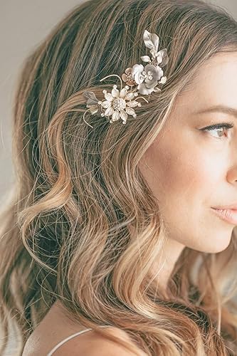 Miniatura 5 de Small Rose Gold Crystal Bridal Hair Clip By Veiled Beauty  Boho Gilded Gold Leaf Crystal Wedding Hair Comb with Blush and Pewter Floral Accents
