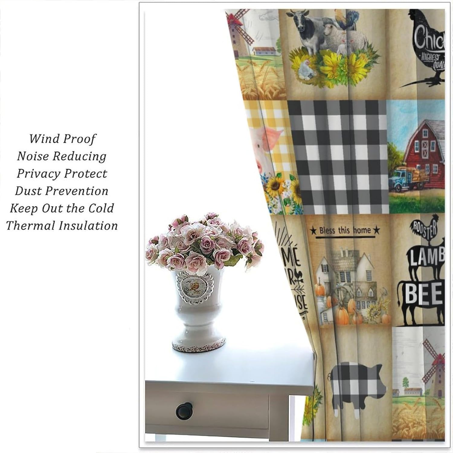 Rustic Farmhouse Animals Window Curtain,Cabin Pig Chicken Cow Sunflowers Geometric Grids Curtains Living Room Kitchen Cafe Bedroom Office Dining Room Drapes, 42x45 in