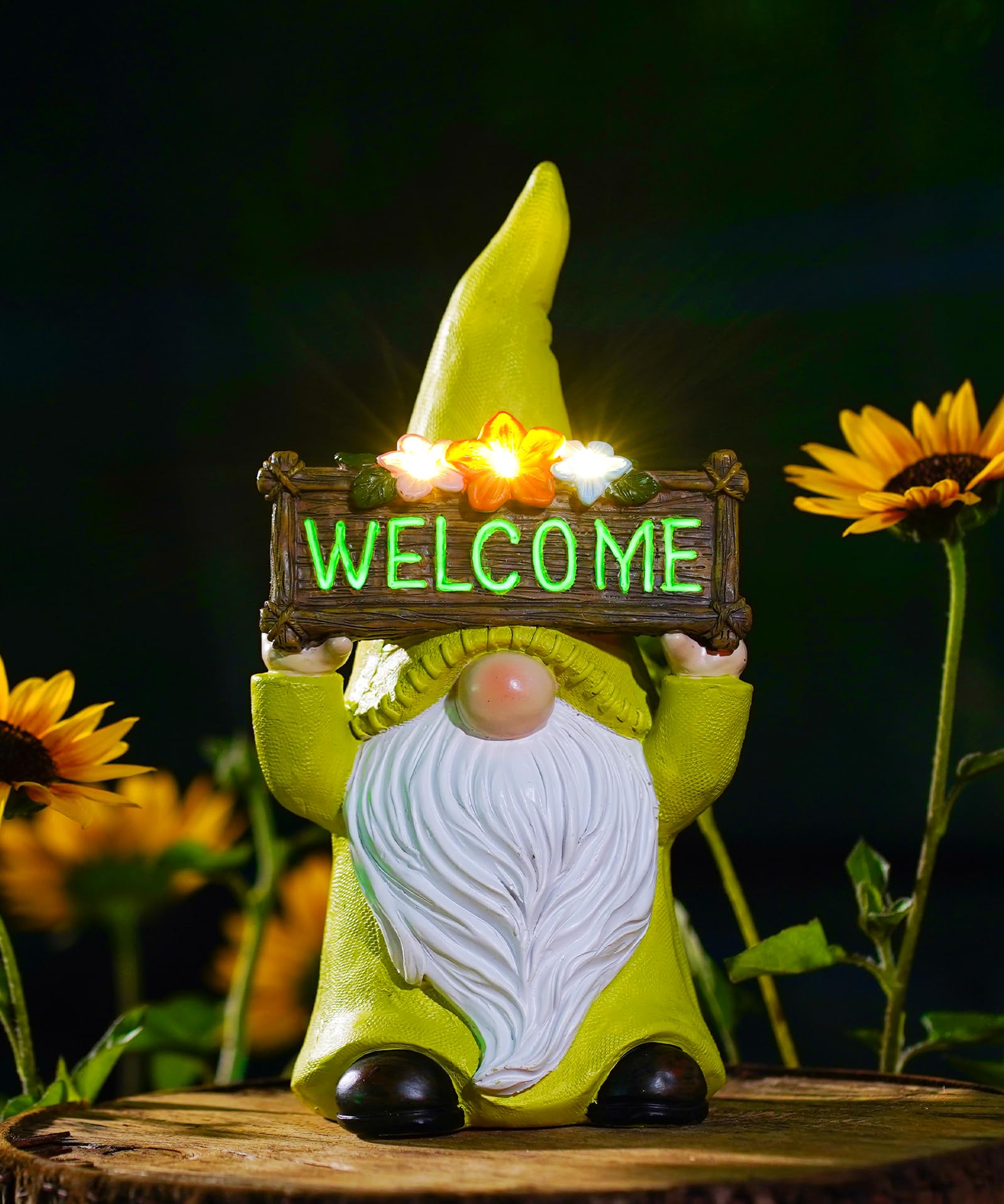 Yeomoo Solar Gnome Garden Ornaments with Welcome Sign & Flowers - Outdoor Statue Fairy Lights for Yard Porch Lawn Home - Birthday Gifts for Women Mum Men(Yellow)