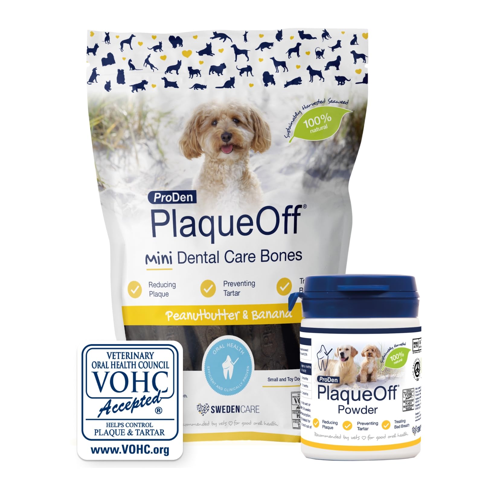 ProDen PlaqueOff Powder for Dogs & Cats, Tartar & Bad Breath Remover with 100% Natural Teeth Plaque Remover (60g Powder with Peanut Butter Mini Bones - Bundle)