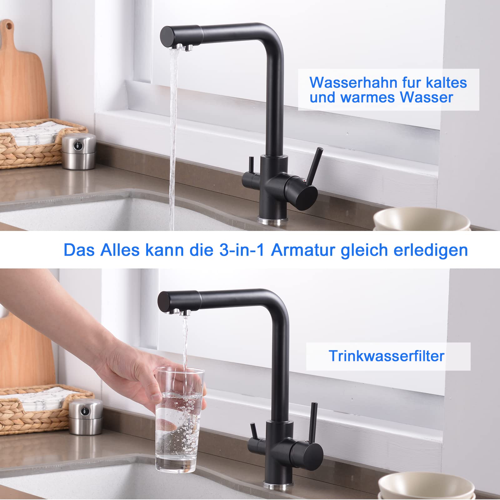 Grifería de Cocina Agua Potable con 3 Vías osmosis integrado con Caño Flexible 360° Giratorio Robinetterie Doble Mango 3 en 1 para Purificador de Filtro de Aguay En Latón Negro