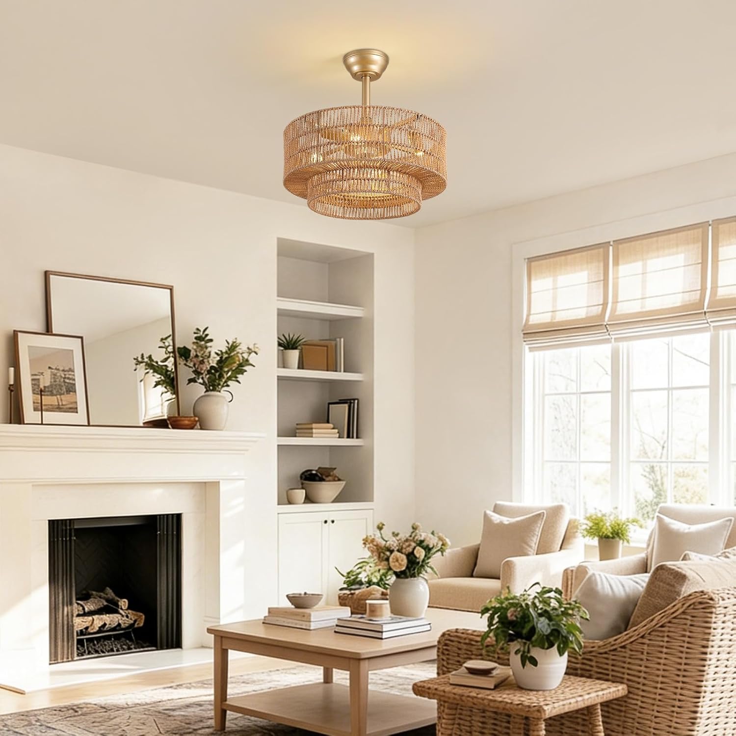 20" Boho Ceiling Fan Light and Remote, Rattan Ceiling Fan light Caged Fandelier with Lights Flush Mount, 6 Wind Speeds Enclosed Ceiling Fan for Bedroom, Living Room, Dining Room