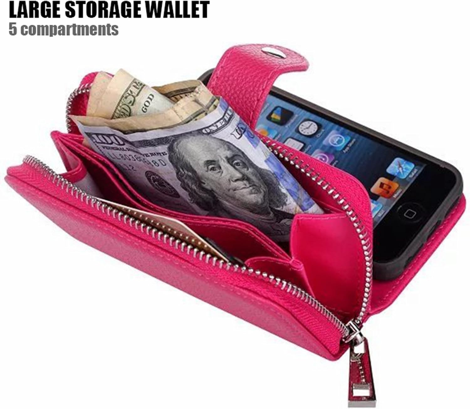 iPhone 5/5S/SE Wallet Case, Hynice iPhone 5/5S/SE Wallet Purse Case Leather Zipper Case with Credit Card Slots and Magnetic Detachable Slim Cover for iPhone 5/5S/SE (Litchi-Rose)