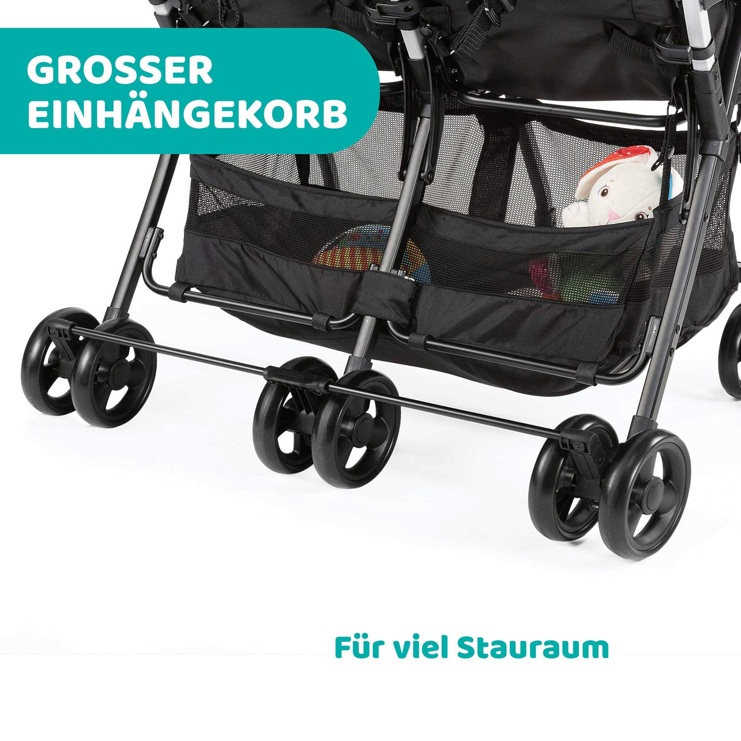 Chicco OHlalà Twin Geschwisterwagen bis 15 kg, Zwillingsbuggy faltbar verstellbar mit Regenschutz und Verdeck