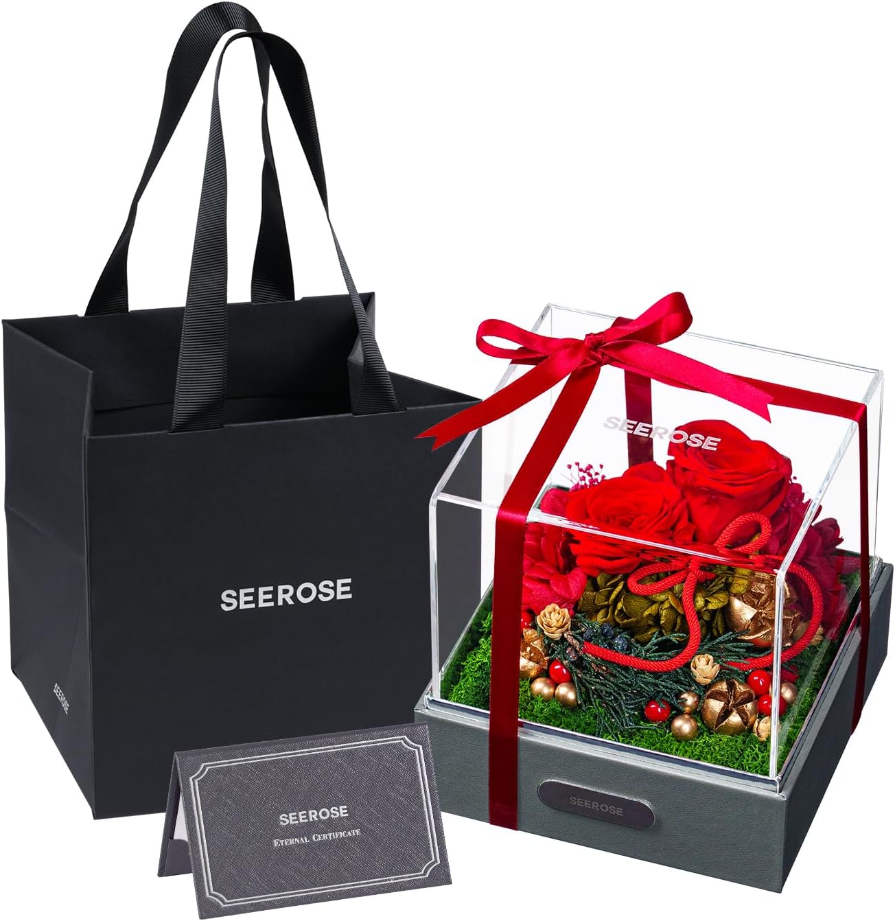 SEEROSE Preserved Roses in Dustproof Acrylic Box, 1-3 Years Long-Lasting Valentines Wreath, Birthday Rose Gifts for Her Wife Mom Girlfriend, Valentine's Day Anniversary Flowers Gifts (Red Roses)