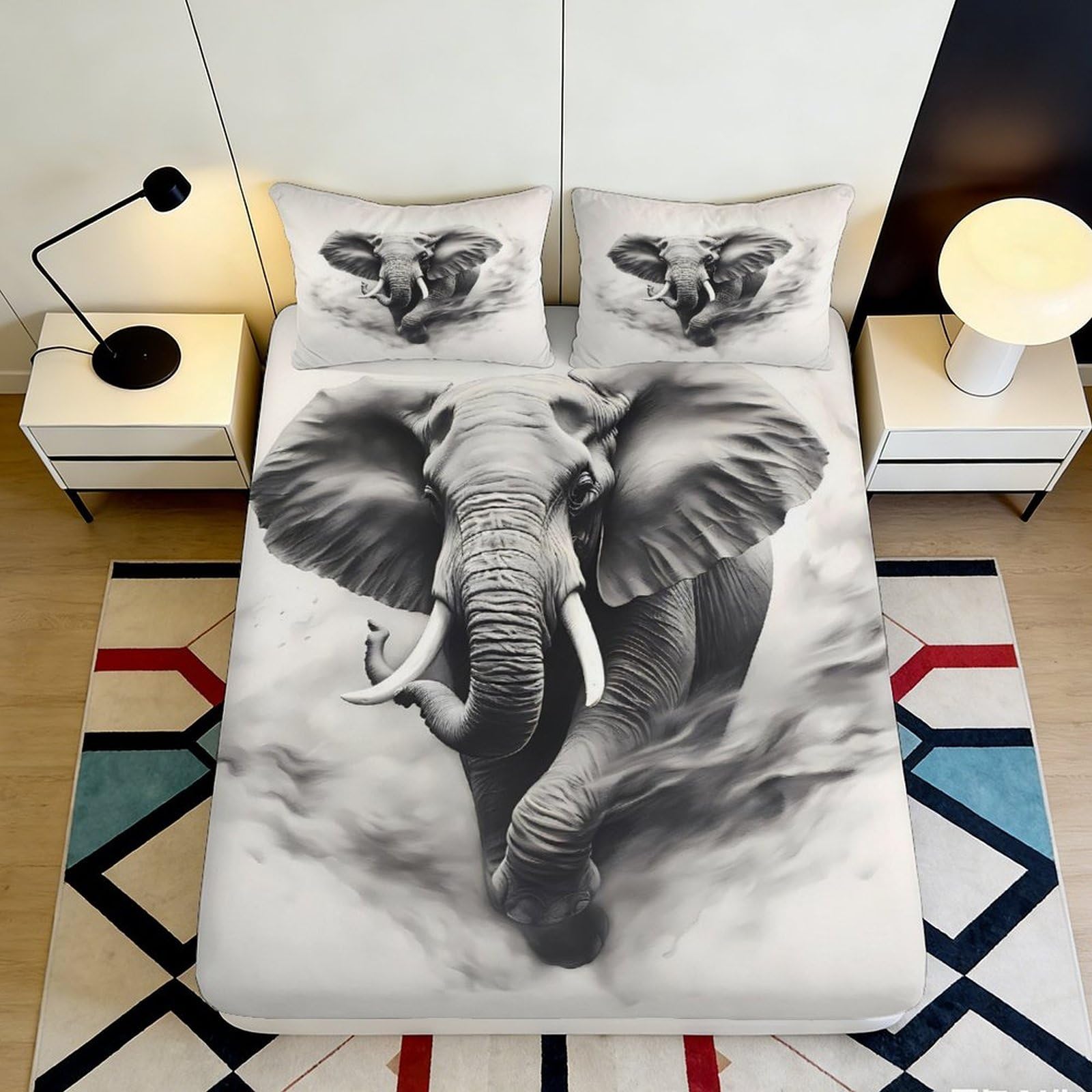 3D Printed Elephant Safari Fitted Sheet Microfiber Soft Breathable Jungle Animal Bed Cover for Bedroom Decor 90x200x25cm