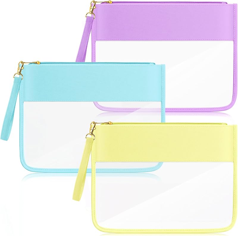 Sanwuta Necessaire de maquiagem transparente plana com zíper e alça, 3 unidades, verde, amarelo e roxo