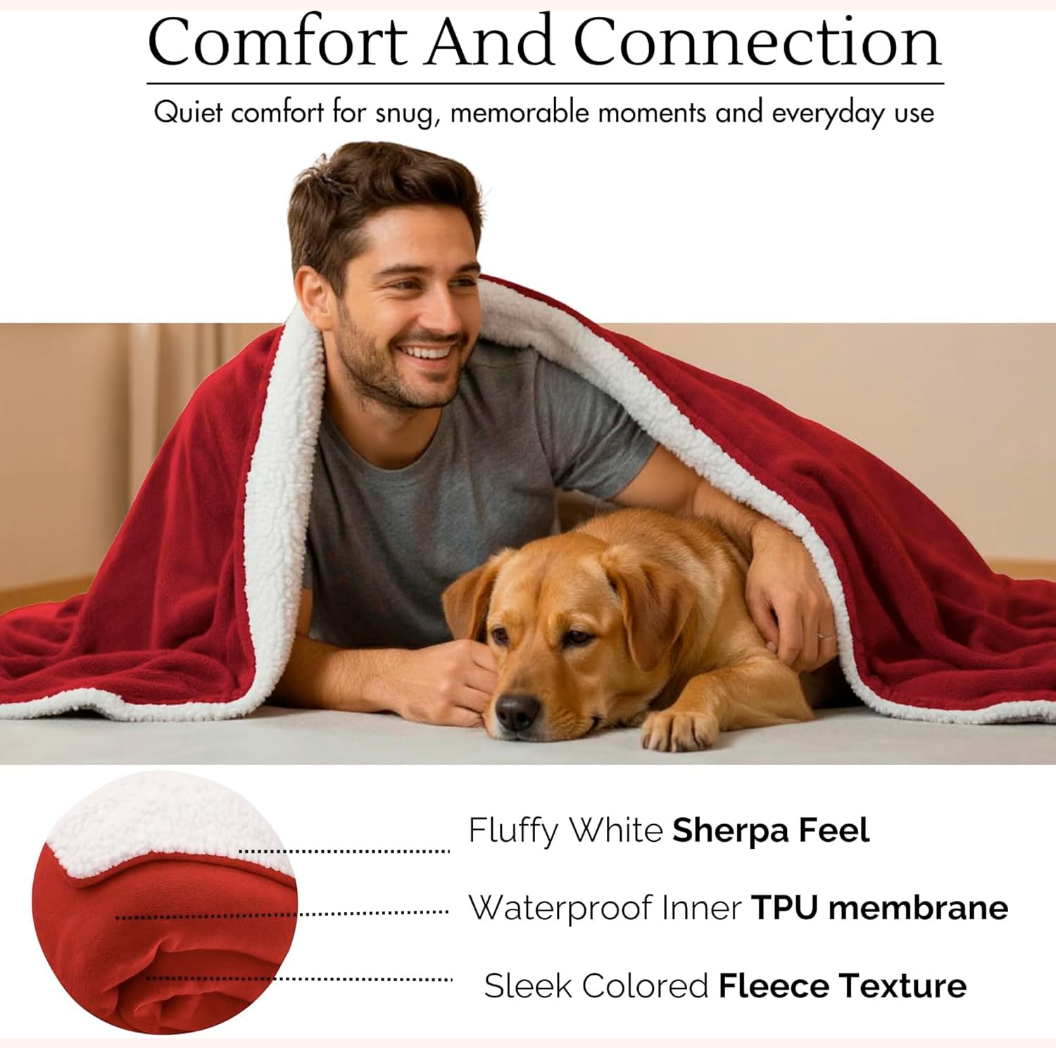 CREW FLX Waterproof Blanket for Bed Intimacy (80"x 60" Queen Size) Reversible Fleece | Sherpa, Love Blanket, Water Proof TPU Stain Proof Couch Furniture Mattress Winter Large Dog Bed Cover - Gray: Red Sherpa Fleece 80 x 60 inch