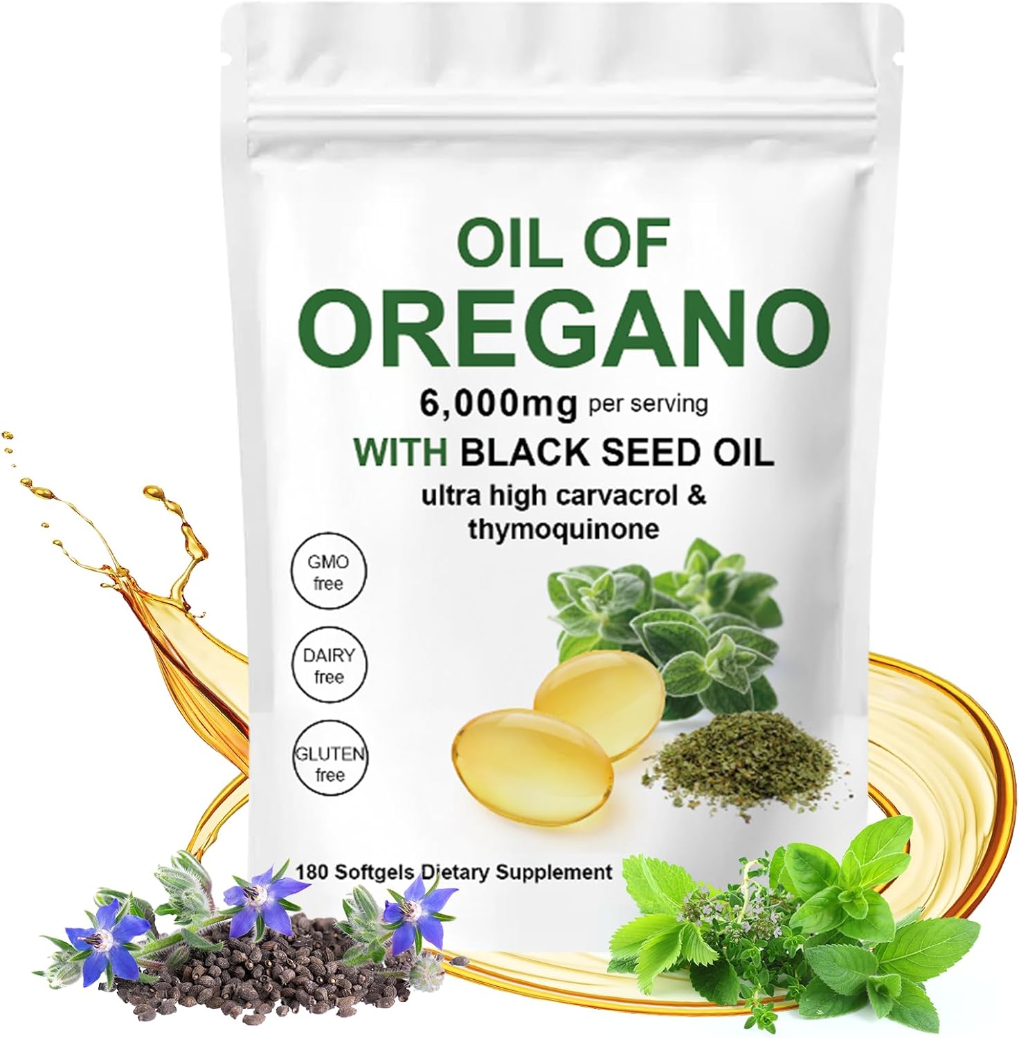 Oil of Oregano Softgels,2 in 1 6000 mg Oil of Oregano with Black Seed Oil Organic Capsules, Potent Carvacrol & Thymoquinone,Gluten Free,Non-GMO-180count