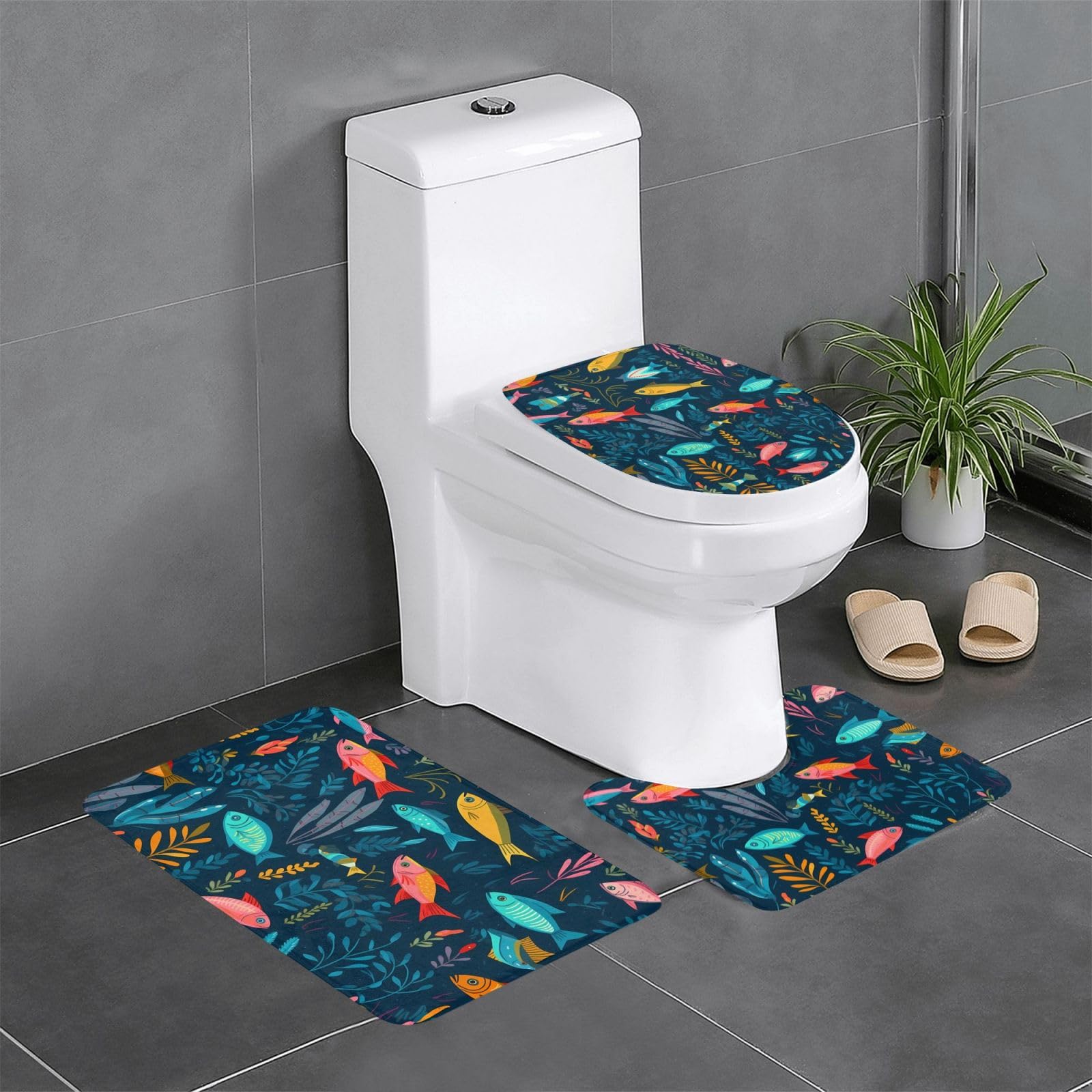 Tapis de salle de bain anti-glisse at Dusk Fish lot de 3 pour sécuriser WC et lavabos