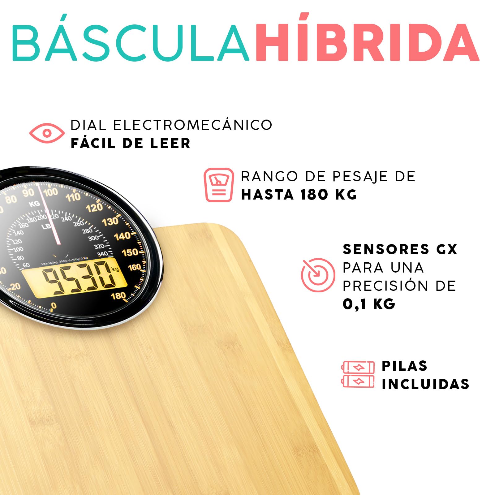 Hybrid Báscula de Baño - Analógica & Digital, Precisa hasta 180 kg | Vea su peso en el cuadrante analógico y LCD a la vez. Plataforma ancha, 3 pilas AAA incluidas, lista para usar.