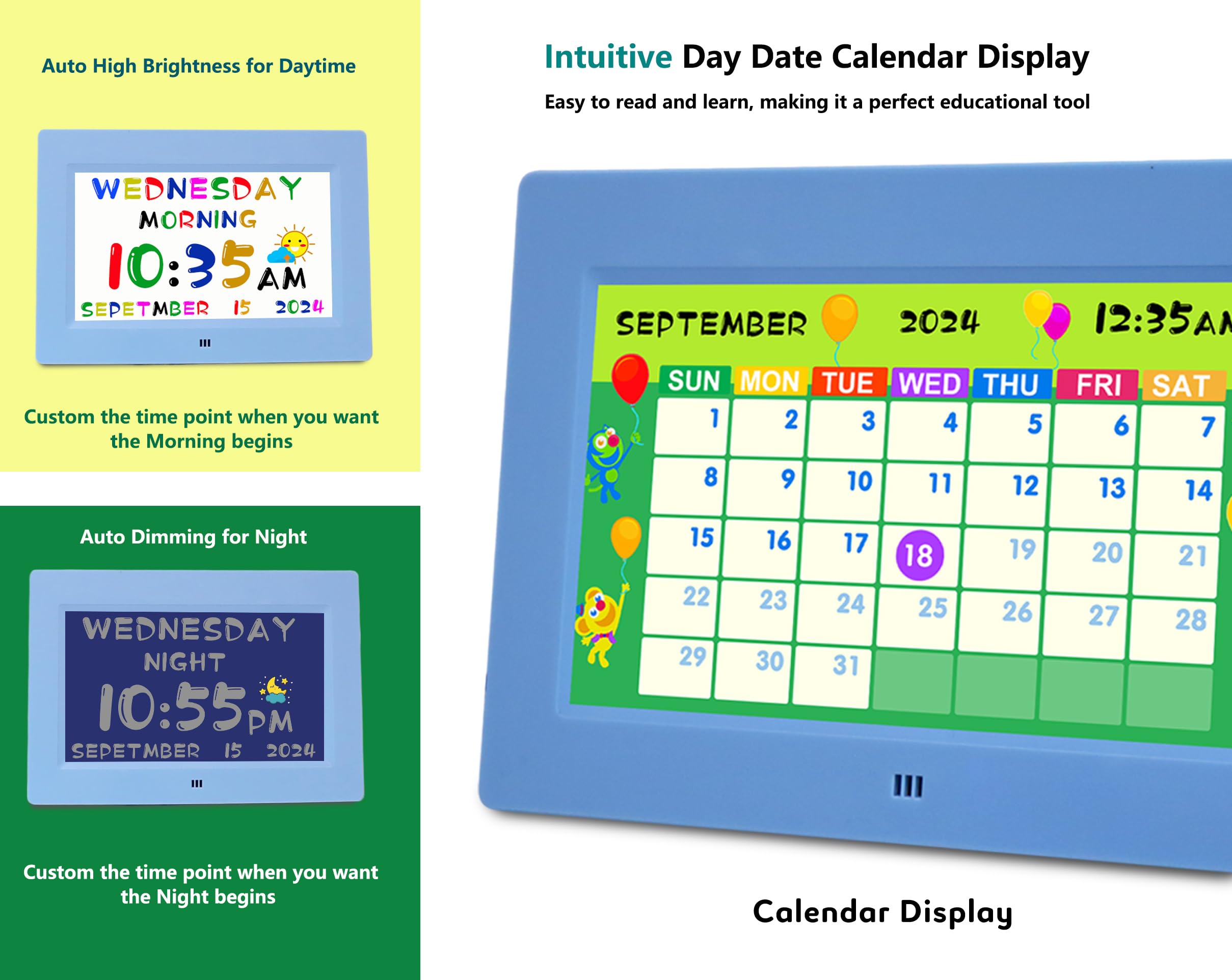 Véfaîî Digital Teaching Clock Talking Time, 24 Alarms Custom Reminders, Checklist to-Do List, Auto DST & Calendar Display, Sleep Trainer, Easy to Use for Kids Birthday Gift- Blue with Remote