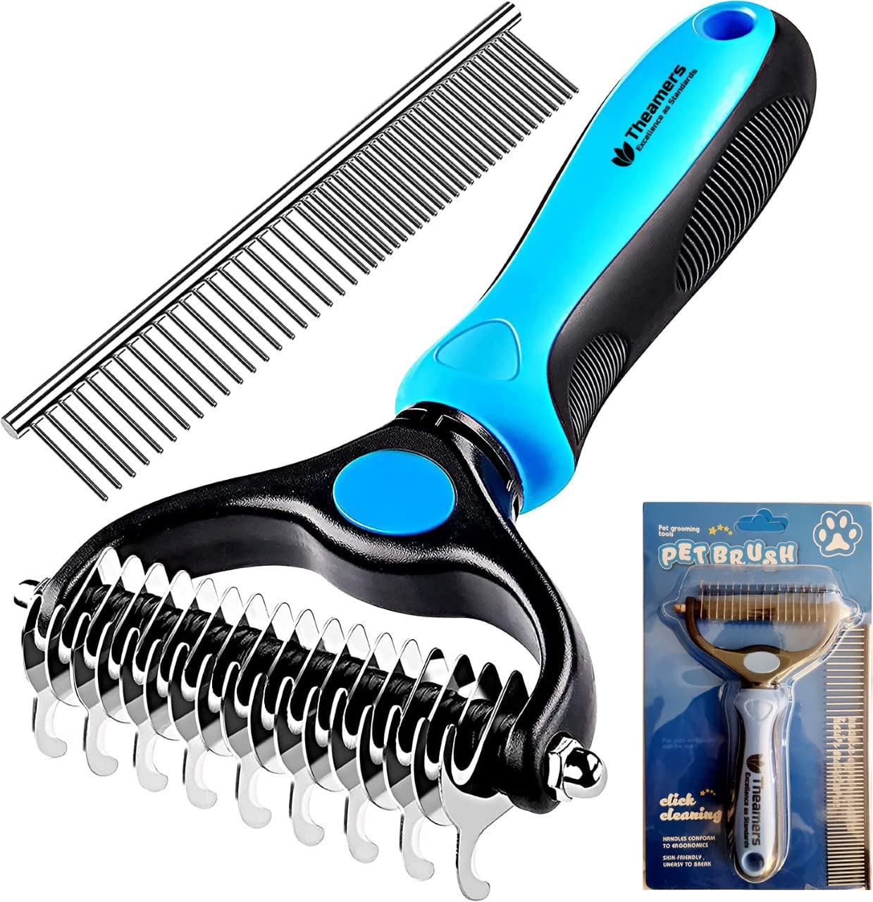 TheamersDematting & Grooming Comb for Dogs and Cats, Pets Grooming Brush and Rake for Small, Medium & Large Dogs 17+9 Double Sided Deshedding Tool Removes Knots and Tangled Hair (Blue)