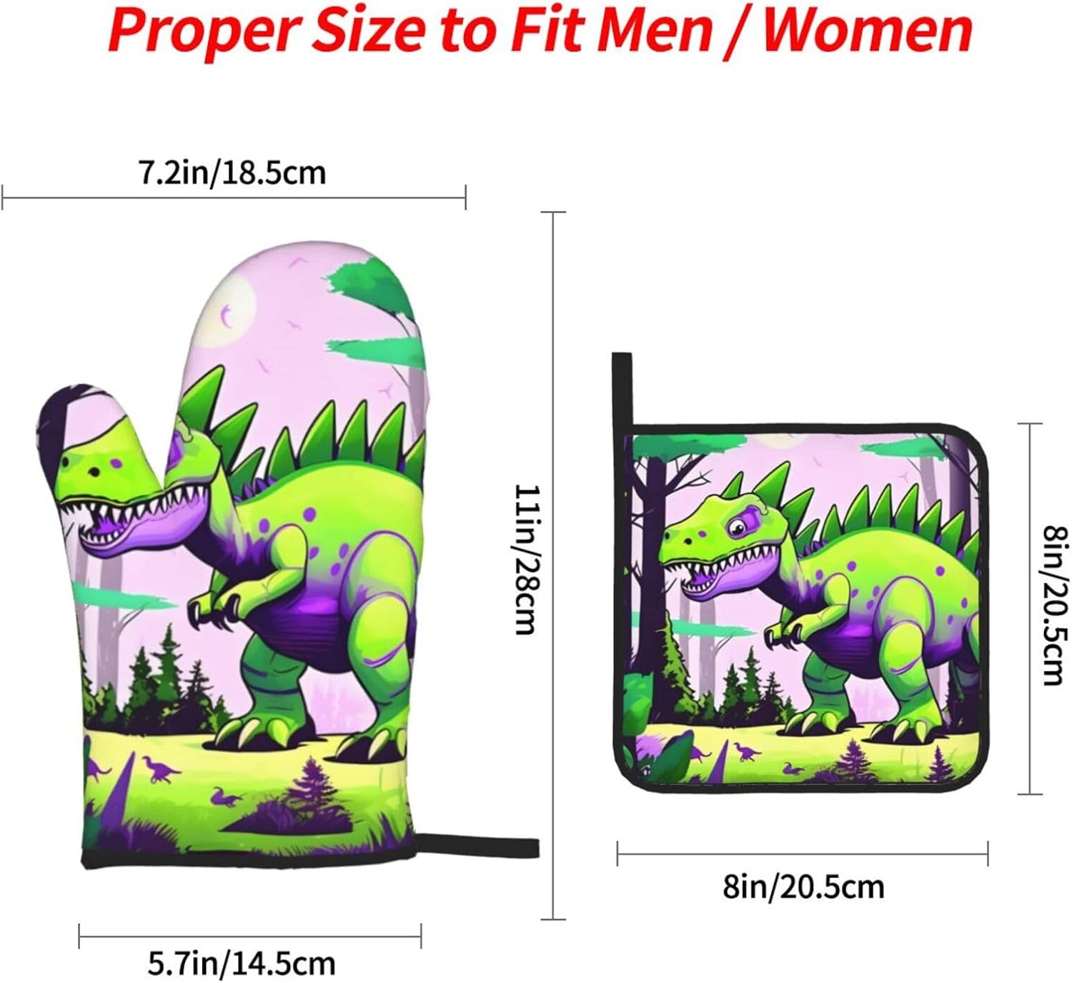 Green dinosaur Oven gloves and heat-resistant mat 4-piece set. Suitable for grilling, microwave oven frying, and baking