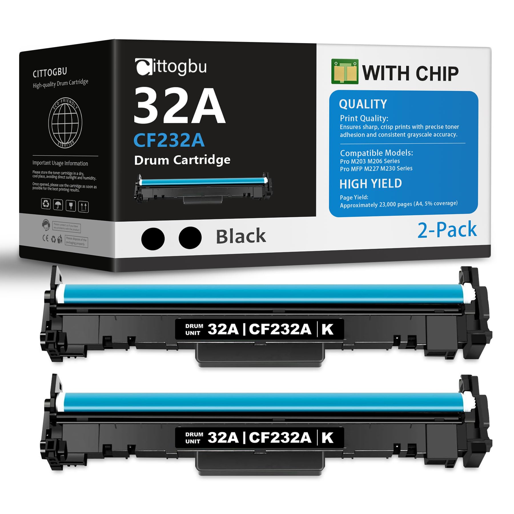Cartucce per tamburo da 32 A, confezione da 2, colore nero, di ricambio per unità tamburo HP 32A, compatibili con stampanti serie Pro M203dn M203dw M206 MFP M227fdn M227sdn M227fdw M230, tamburo di