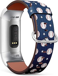 Compatible with Fitbit Charge 4 / Charge 3 / Charge 3 SE - Leather Watch Wrist Band Strap Bracelet with Stainless Steel Adapters (Baseball Sport)