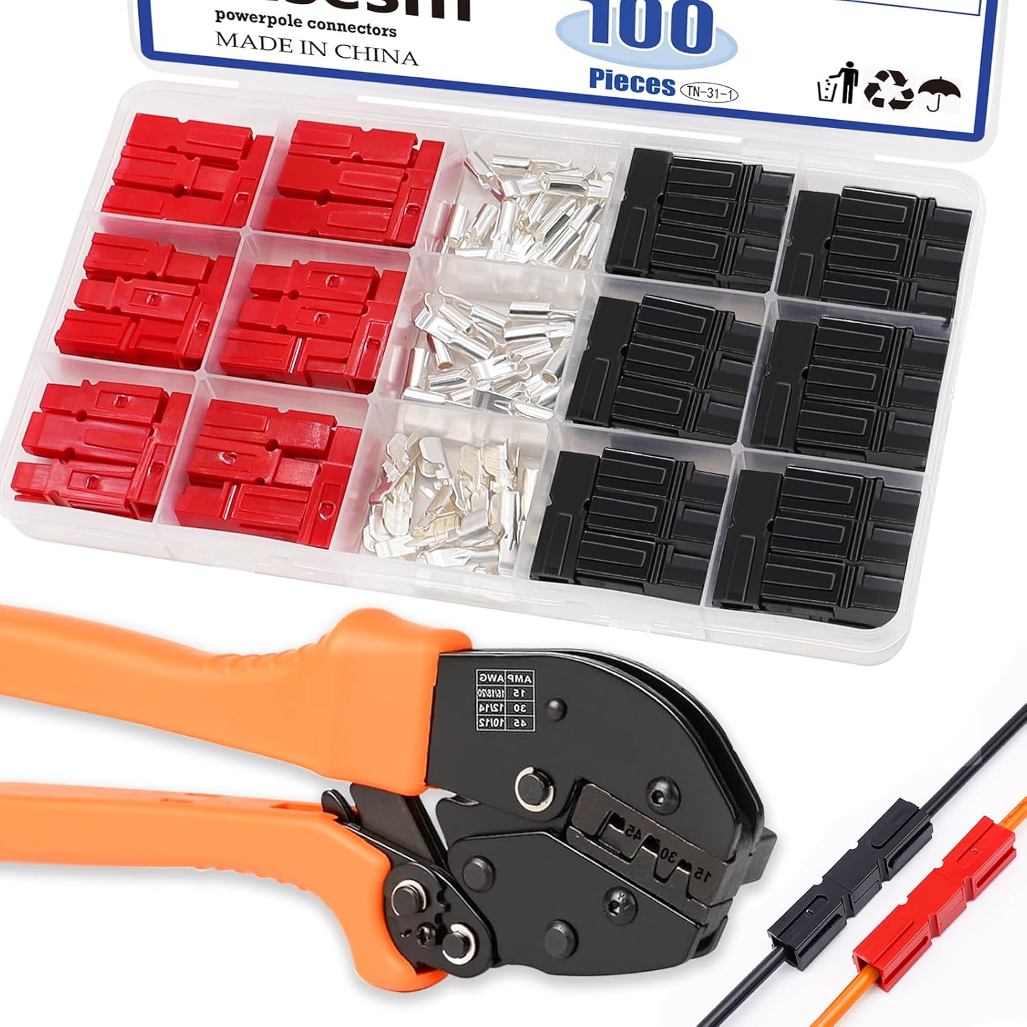 Tnisesm 100Pcs 15/30/45Amp Power Connectors, AWG10-20 Quick Disconnect Connect Battery Connector Modular Power Connectors Sets with Crimping Tool DC Power Crimper Ratchet Pliers