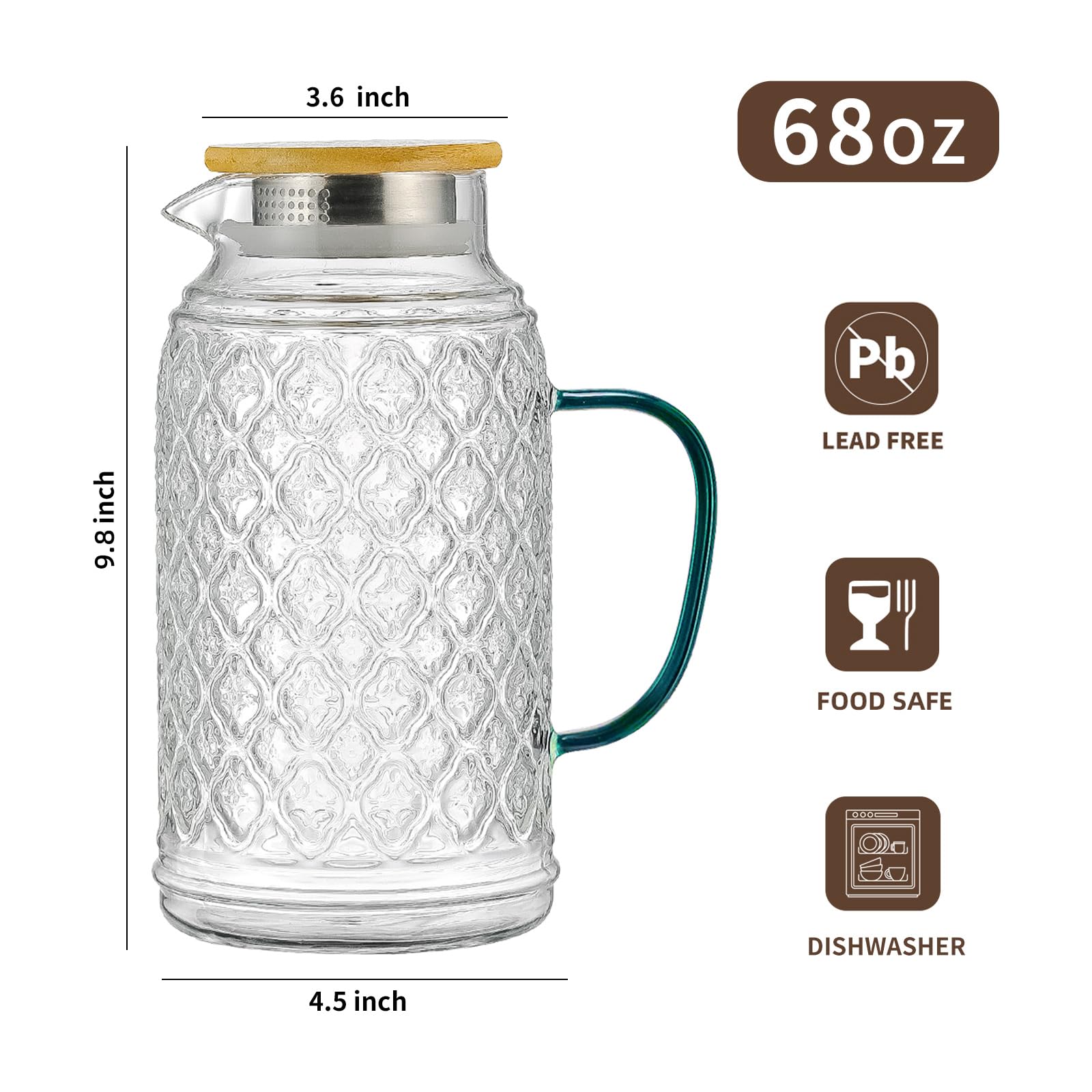 Buaic Glaskrug mit Bambusdeckel, 2 l, Vintage-Wasserkrug, klares Borosilikatglas, Wasserkaraffe für kaltgebrühte Getränke, Kaffee, Limonade, Eistee, Getränke, hitzebeständiger Wasserglas-Krug