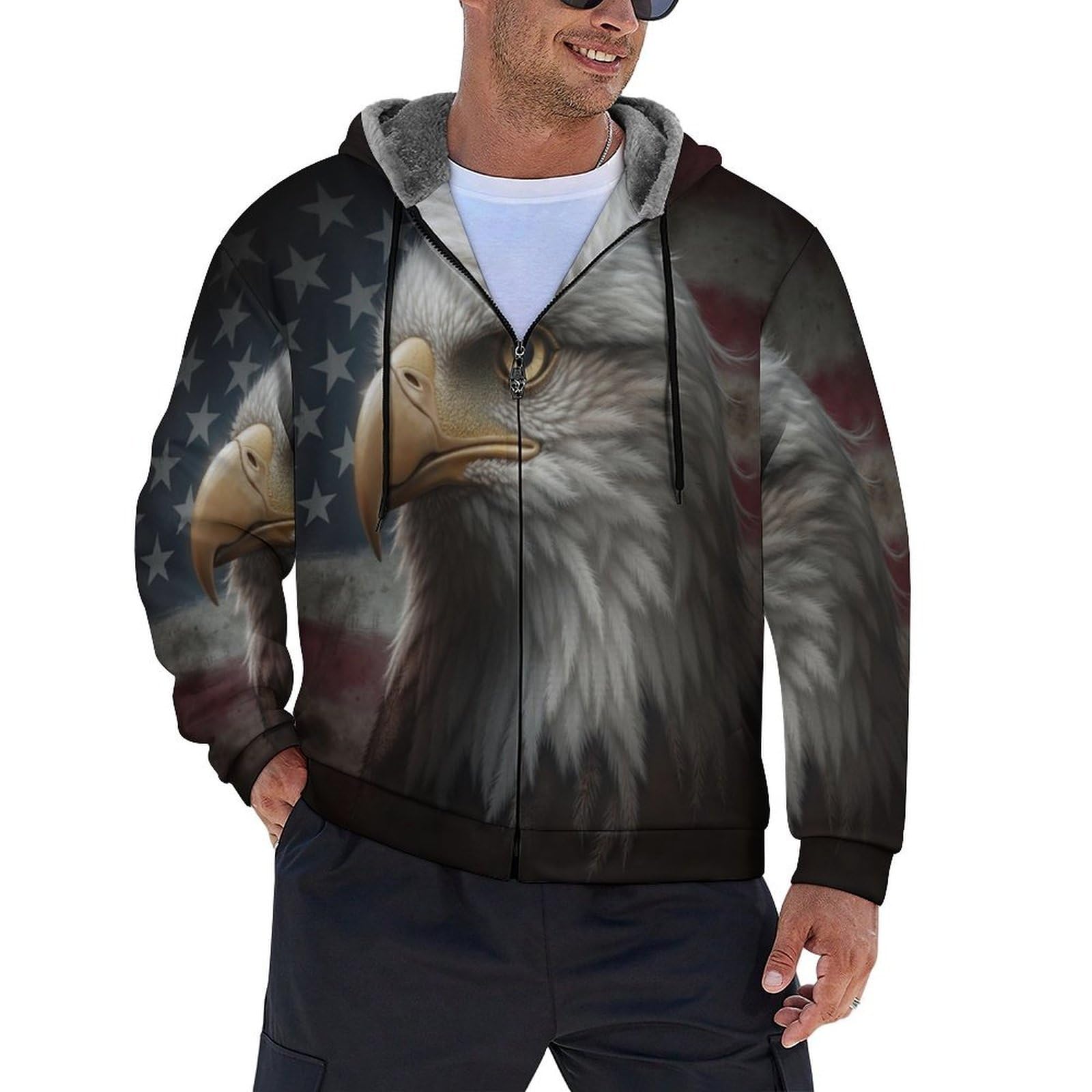 Mens Thick Hooded,American Flag And Bald Eagle Fleece Lined Padded Jacket Hoodie, Realistic Illustration Full Zip Menswear Warm Outdoor Coat S-5Xl,
