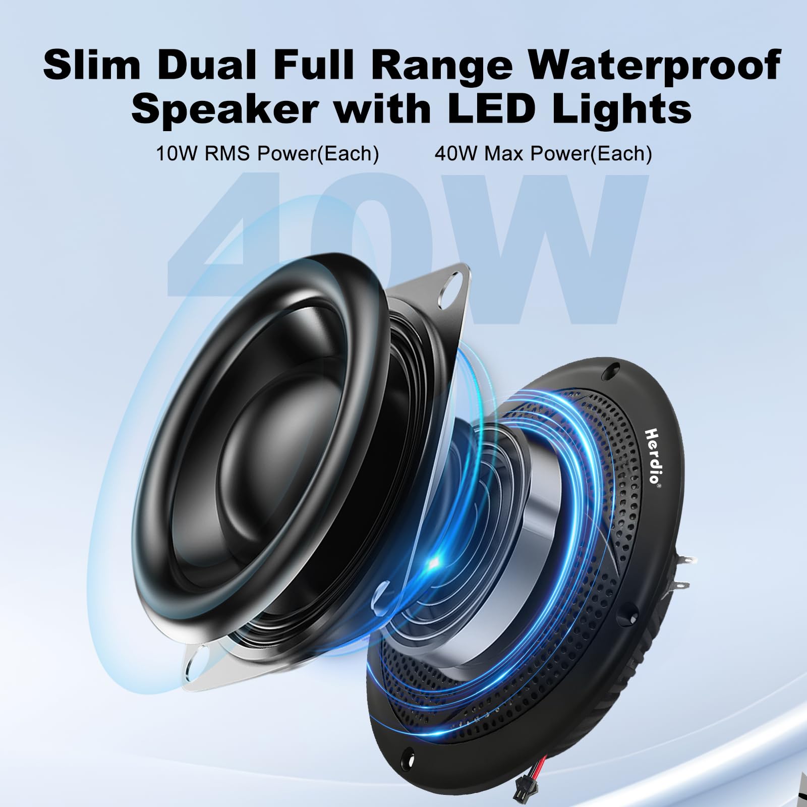 Herdio Altavoces Marinos, 4 Pulgadas, 2 vías, Impermeables y Resistentes a la Intemperie, con Luces LED, Potencia de 100 W y Estilo Delgado de Perfil bajo, 1 par (Negro)