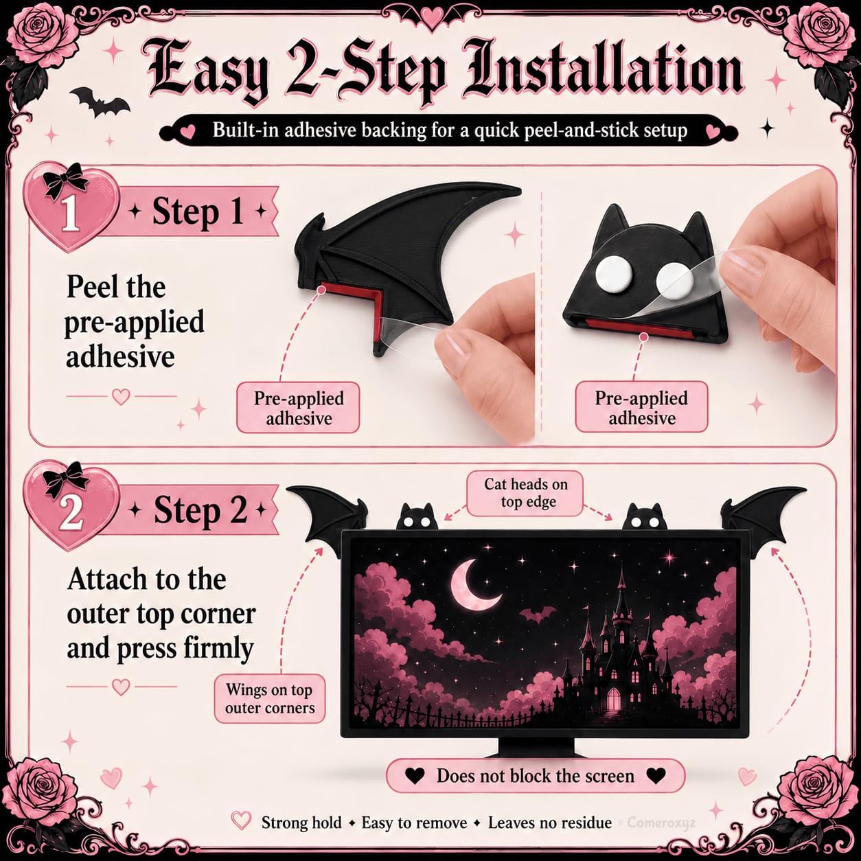 Gothic Computer Monitor Decor, Black Bat Wings & Cat Cool Desk Figurines for Gaming Setup Car Dashboard TV/Photo Frame Cute Aesthetic Desktop Accessory for PC Office Decor image 4