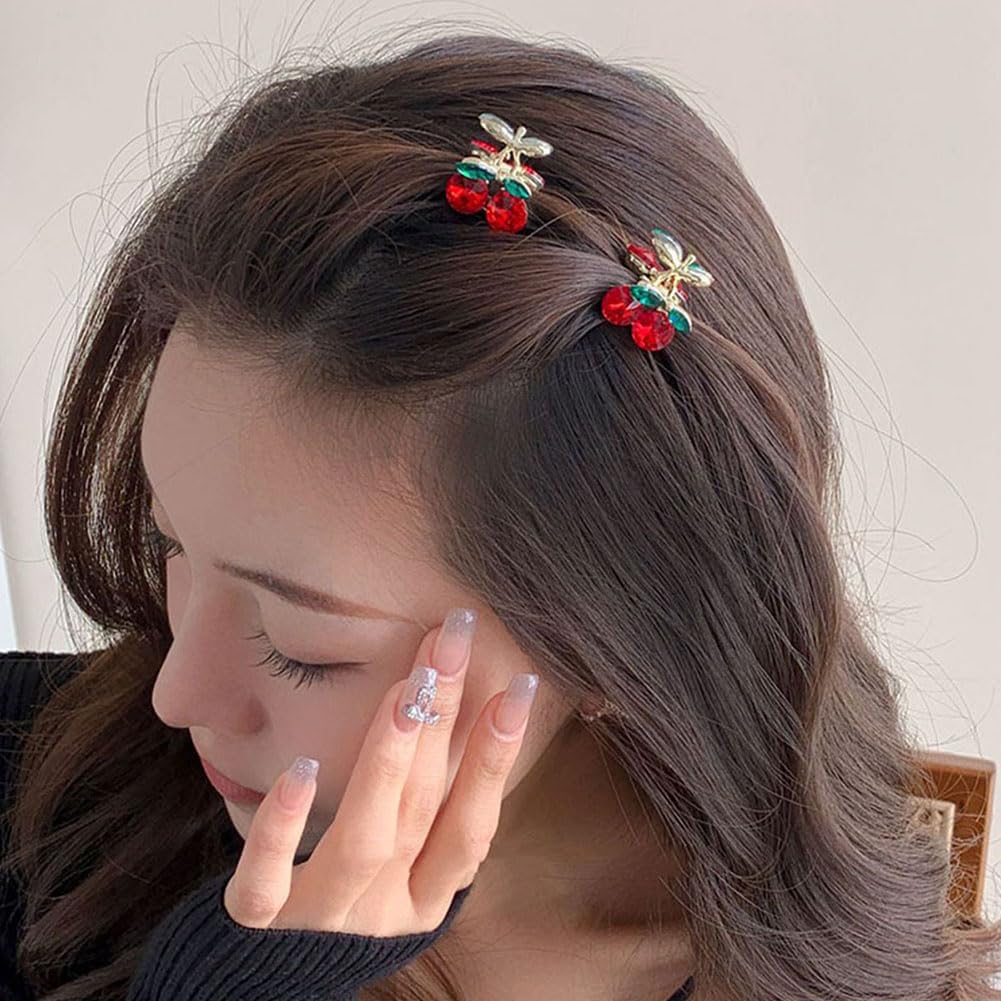 Cherry Hair Claws, 6Pcs Mini Cute Crystal Cherry Rhinestone Alloy Metal Hair Clips Fashion Sweet Accessories for Women Girl's Hair - Image 3