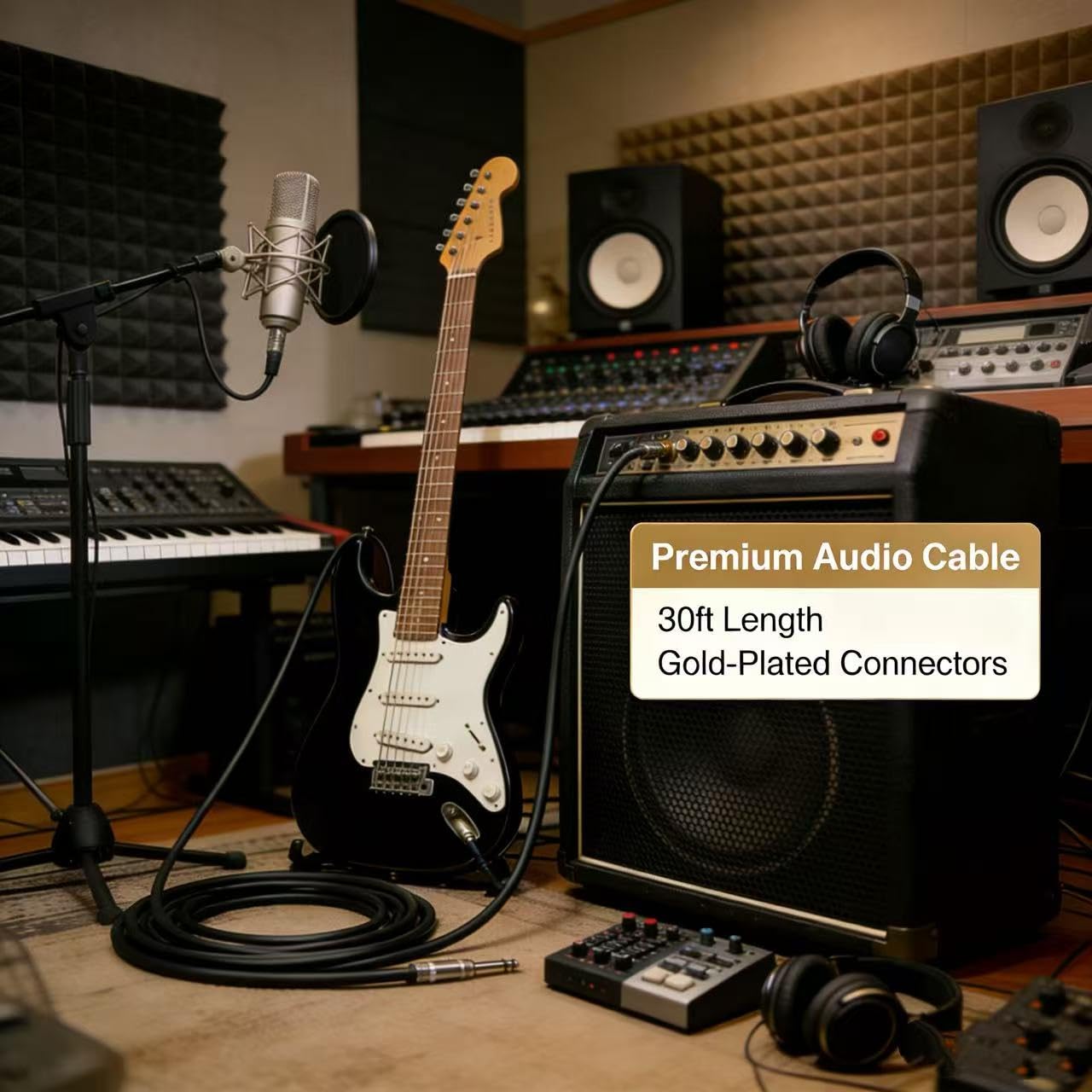 30ft 1/4" to 1/4" TS Speaker Cable [True OFC Pure Copper, NOT CCA], 12AWG Heavy Duty Flexible Audio Cord for Church PA System, DJ Amp & Stage Monitor, Gold-Plated Connector - 1 Pack