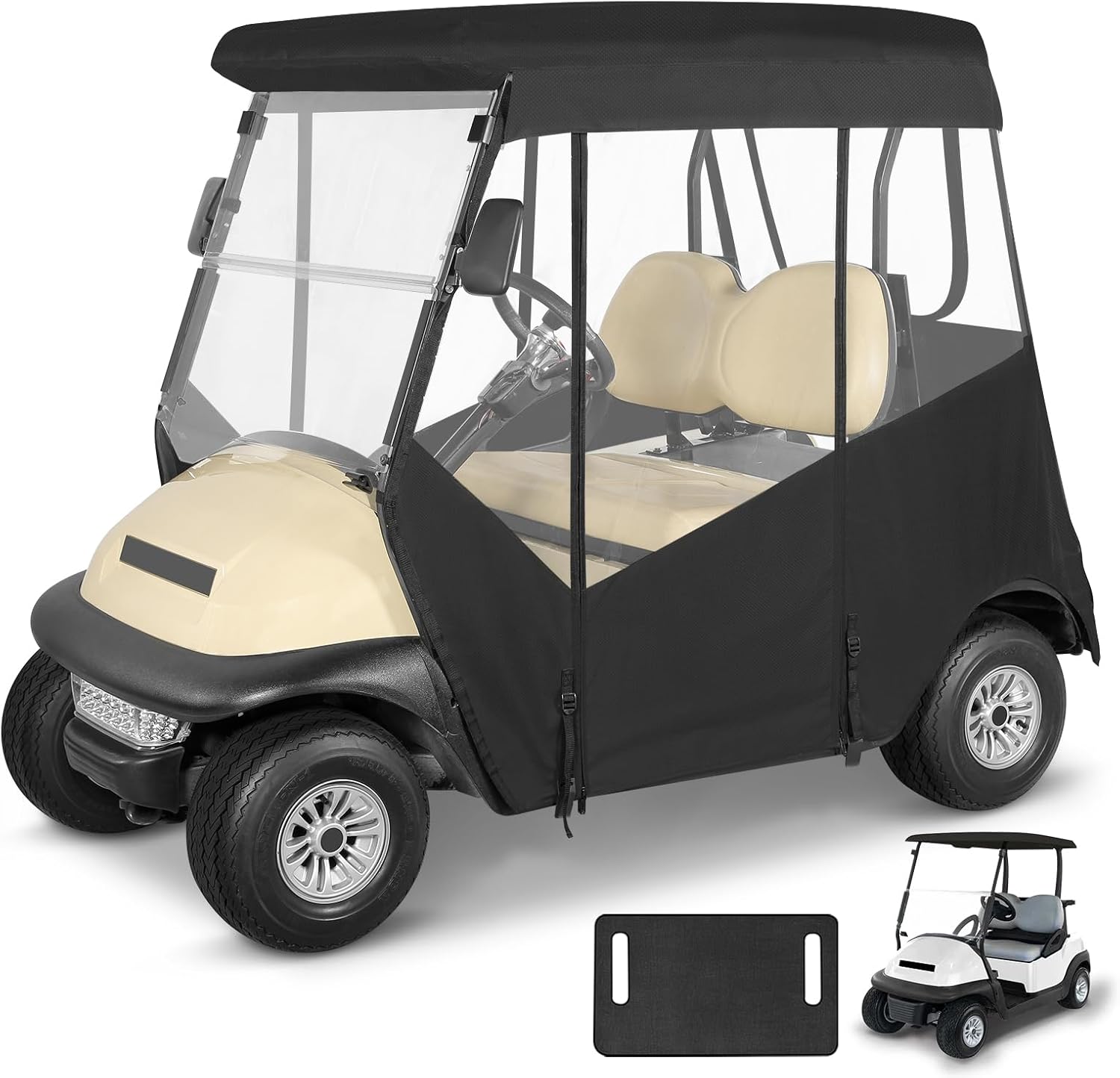 2 Passenger Golf Cart Enclosure for Club Car Precedent 2-Seater 57.5" Roof 3-Sided Clear Windows Roll-up Door No Windshield Curtain Waterproof Transparent Driving Rain Cover Black (with Seat Towel) Fit for Club Car Precedent With Front Windshield Black