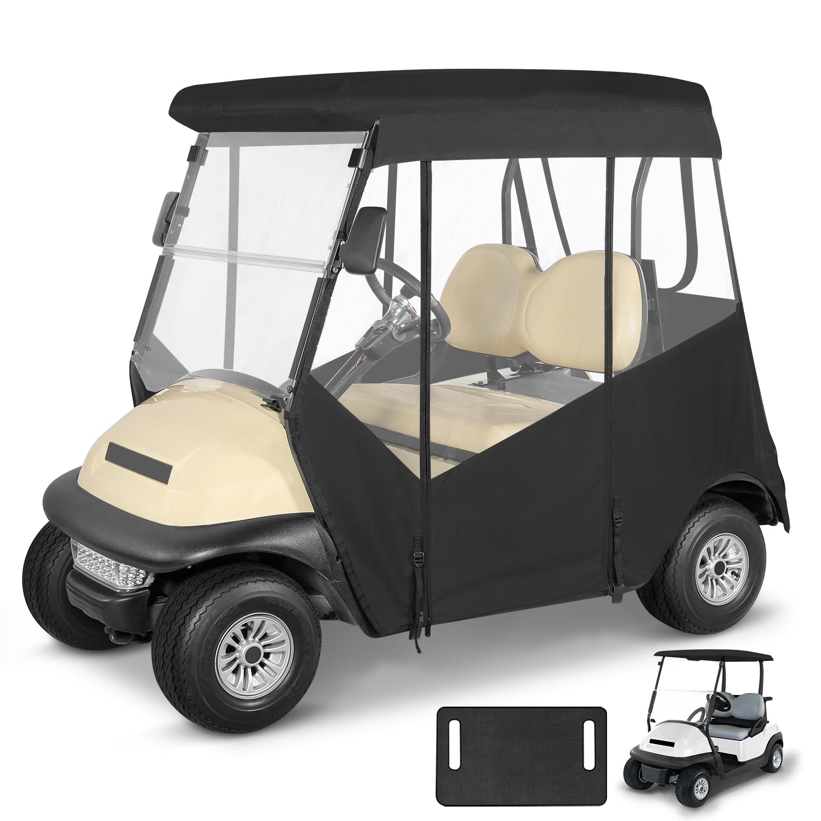 2 Passenger Golf Cart Enclosure for Club Car Precedent 2-Seater No Windshield Curtain 3-Sided Clear Windows Roll-up Door Mirror Zipper Waterproof Transparent Driving Rain Cover Black (with Seat Towel) โ image 1