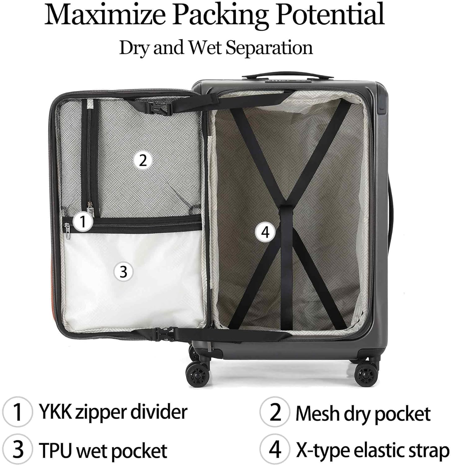 Top Opening Luggage, 16Inch & 25 Inch Airline Approved ABS+PC Hard Shell Suitcases with Silent Wheels, TSA Lock,Front Pocket and Wet-dry Separated Six-piece Set(Grey)