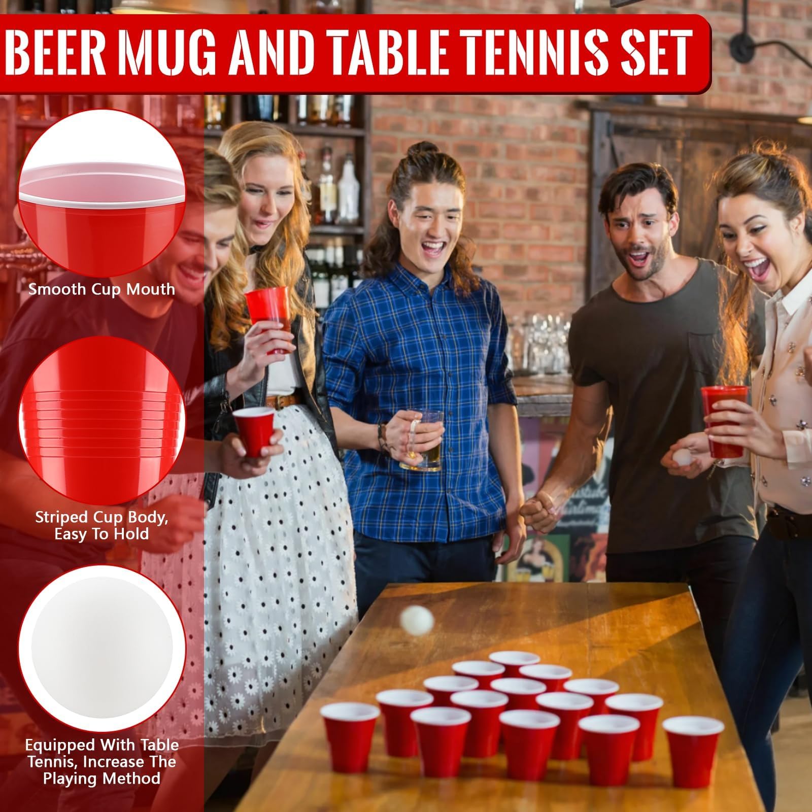 Set di Bicchieri da Birra Pong, 50 Bicchieri Beer Pong(500ml) e 6 Palline da P ing Pong, Bicchieri riutilizzabili, per Giochi di bevute, Feste, Compleanni, Festival, Matrimoni, Campeggio(Rosso)