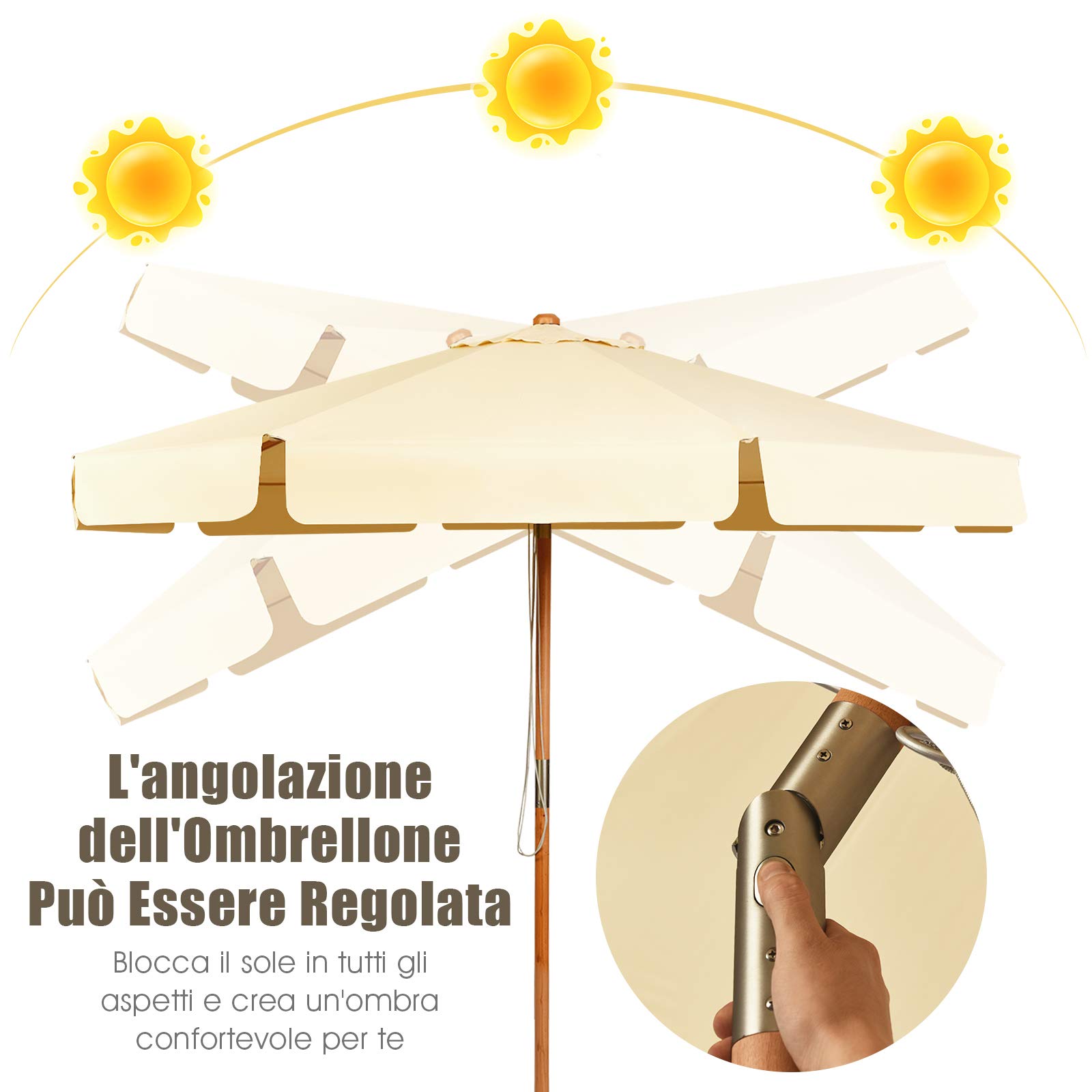 GYMAX Ombrellone da Giardino 3x3 M, 8 Stecche in Legno Massello, Ombrellone Inclinabile con Copertura Impermeabile e Resistente al Sole, per Terrazzo Patio (Beige)