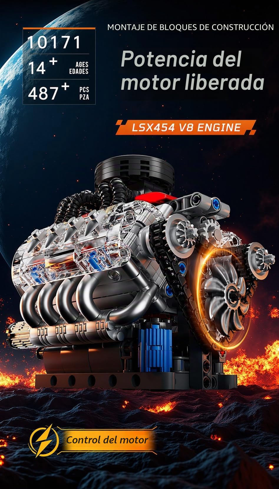 Sosuy V8 Juego de Bloques de construcción del Motor, Modelo de Motor de Funcionamiento, Juego mecánico de 487+PCS para exhibición en casa para coleccionistas, Juguetes Stem para niños, Regalo de