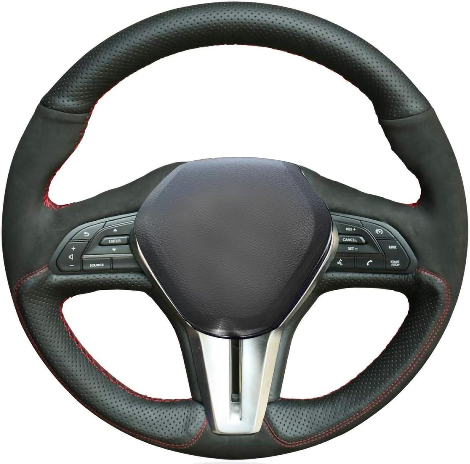 Custom Fit Stitched Black Genuine Leather Suede Steering Wheel Cover for Infiniti Q50 2018 2019 2020 2021 / Infiniti Q60 2017 2018 2019 2020 2021 / Infiniti QX50 2019 2020 2021 Accessories