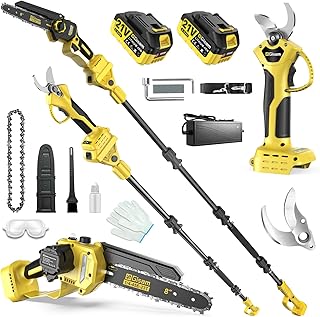 Mini motosserra de 8 polegadas com barra telescópica e bateria elétrica tesoura de podar 4 em 1, conjunto de ferramentas de jardim com bateria de 2 × 4,0 Ah, motor sem cabos, barra de extensão de