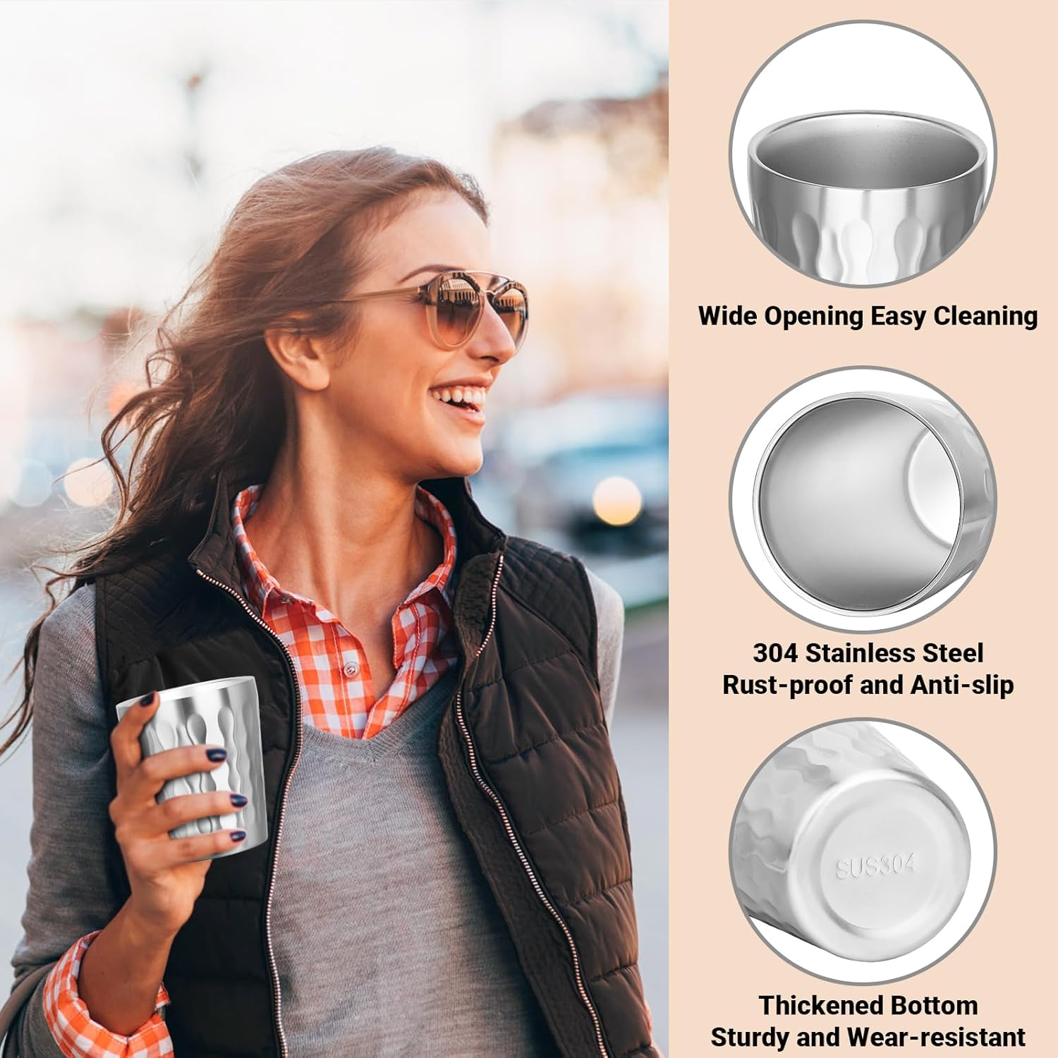 10oz 4 Cups and 6.7" 4 Plates 304(18/8), Round Shatterproof Stainless Steel Plates, Double Wall Stackable Unbreakable Stainless Steel Cups for Outdoor Travel Camping BBQ Home Dinner