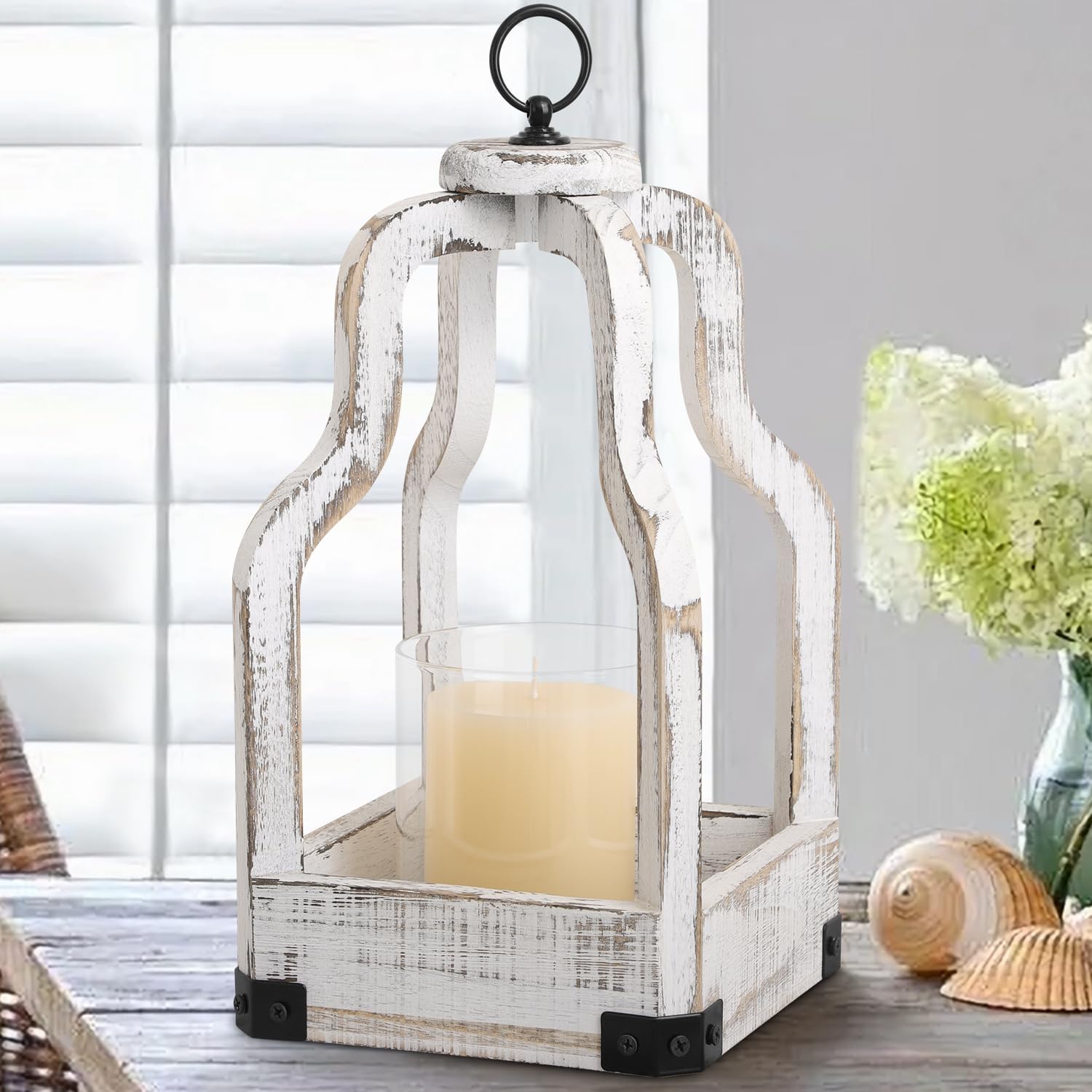 Farmhouse Wood Candle Lanterns Vintage Decorative Candle Holders Rustic Outdoor Lanterns for Wedding Garden, Wash White