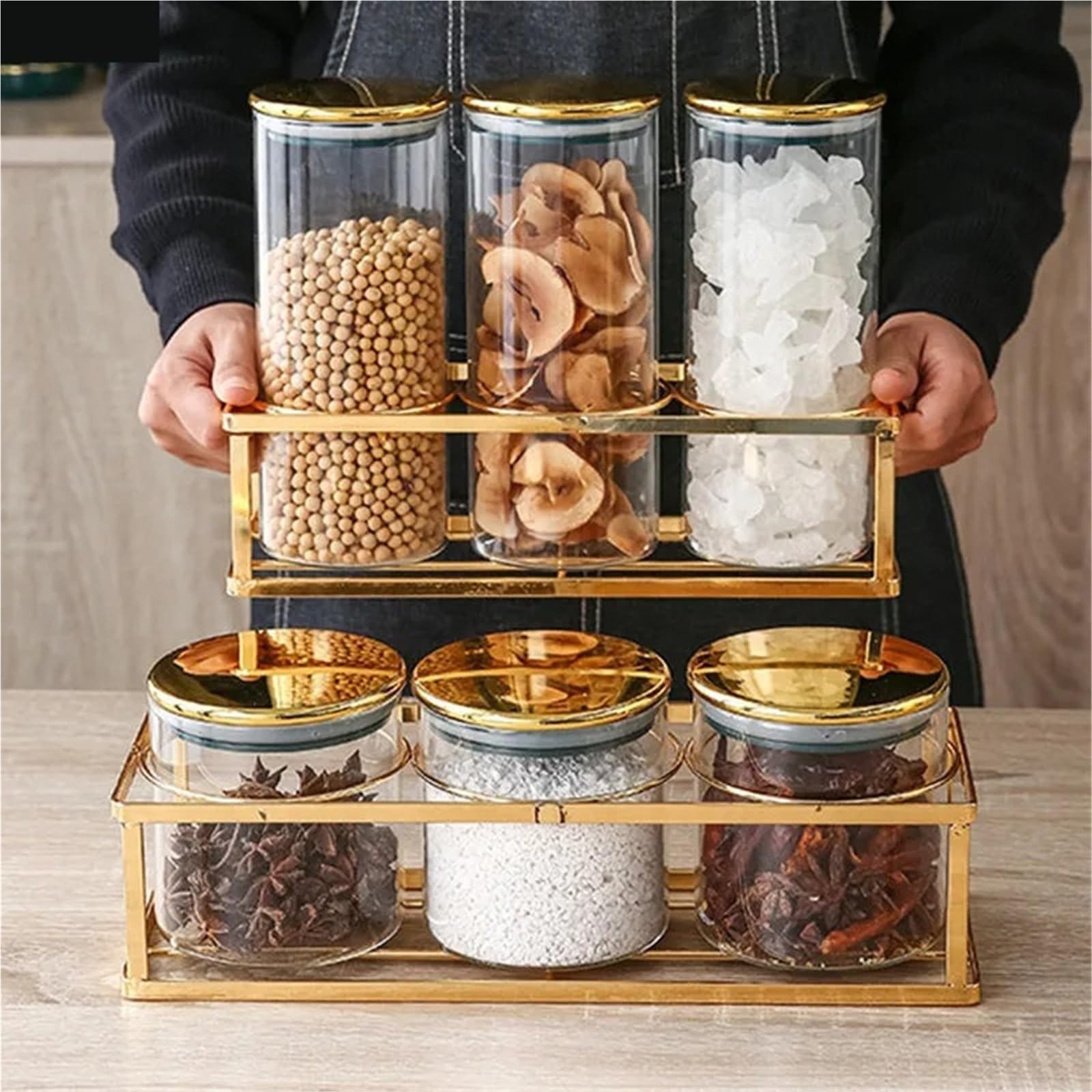 Vorratsglas Küchenglas, versiegeltes Glas mit goldenem Kunststoffdeckel, Metallboden, Lebensmittelaufbewahrungsbox, transparenter Bonbonglas-Aufbewahrungstank(S 8.5x10cm 3pcs)
