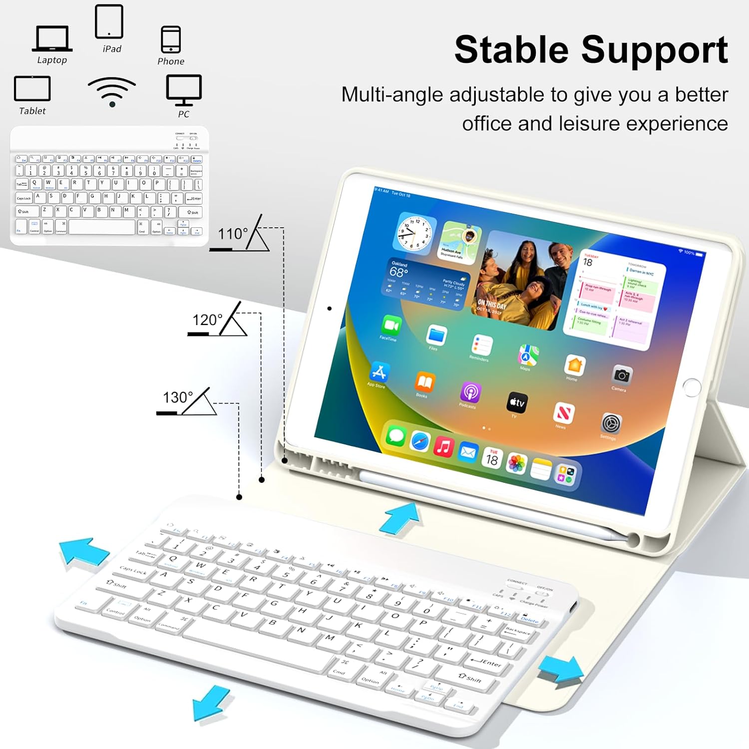 Case with Keyboard for iPad 10.2 inch 2021/2020/2019, iPad 9th/8th/7th Generation Detachable Bluetooth Keyboard Cover with Pencil Holder, Multi-Angle Stand for Study/Office/Travel (White Creme)