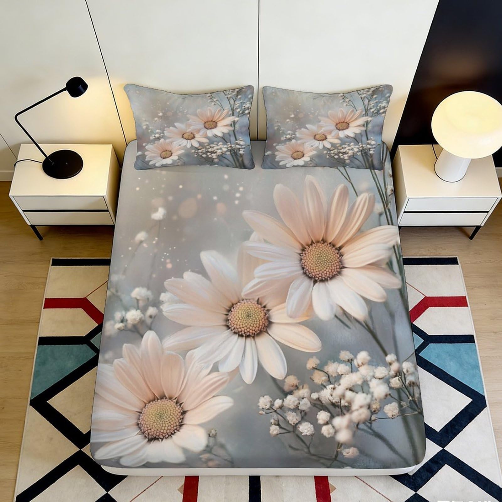 3D Printed Daisy Blossom Fitted Sheet Microfiber Soft Breathable Floral Meadow Bed Cover for Bedroom Dorm Mattress Decor 90x200x25cm