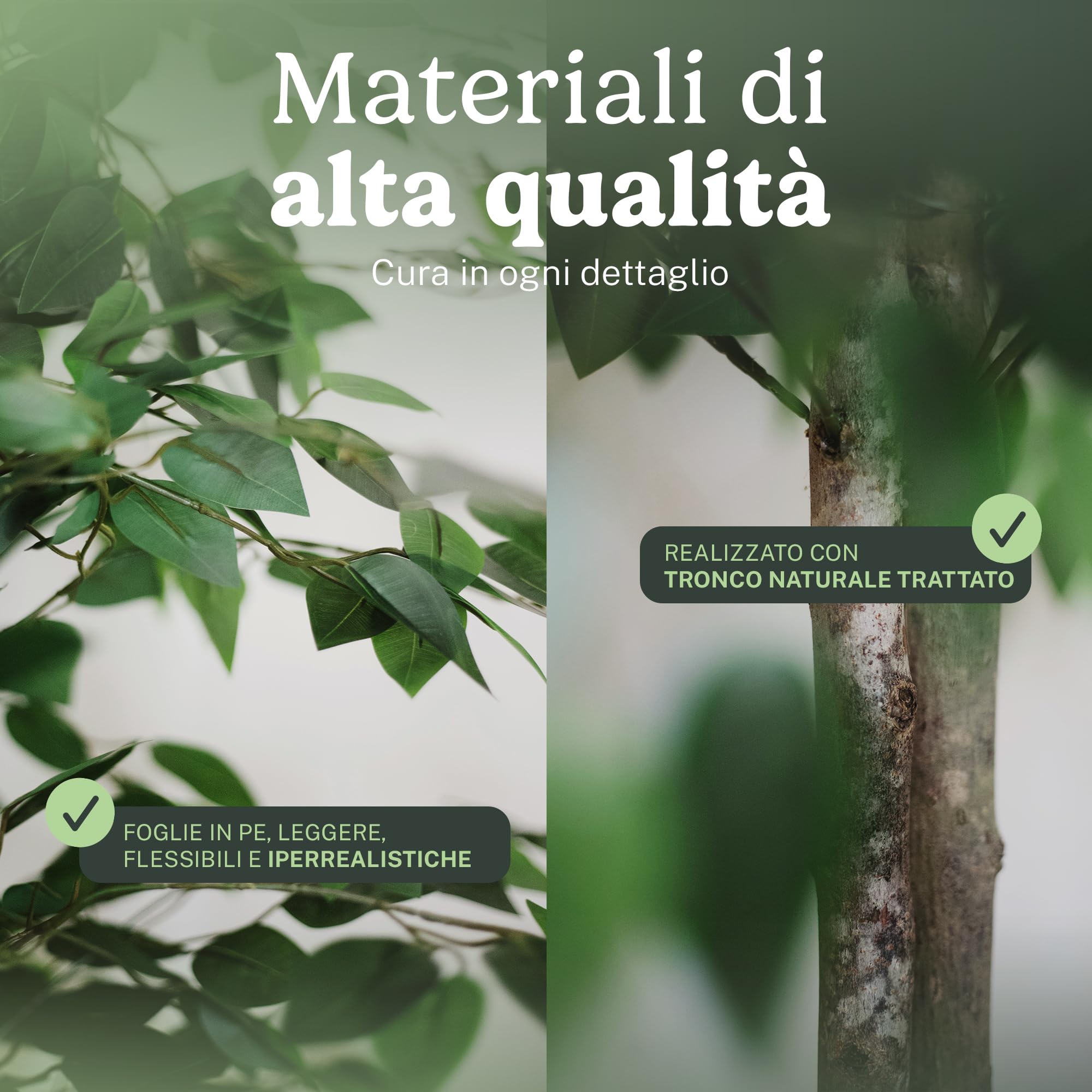 Piante Finte da Interno - Ficus Artificiale, 150 x 60 cm con 2 Chiome di Foglie, Albero Artificiale con Vaso in Plastica, Decorazioni Casa