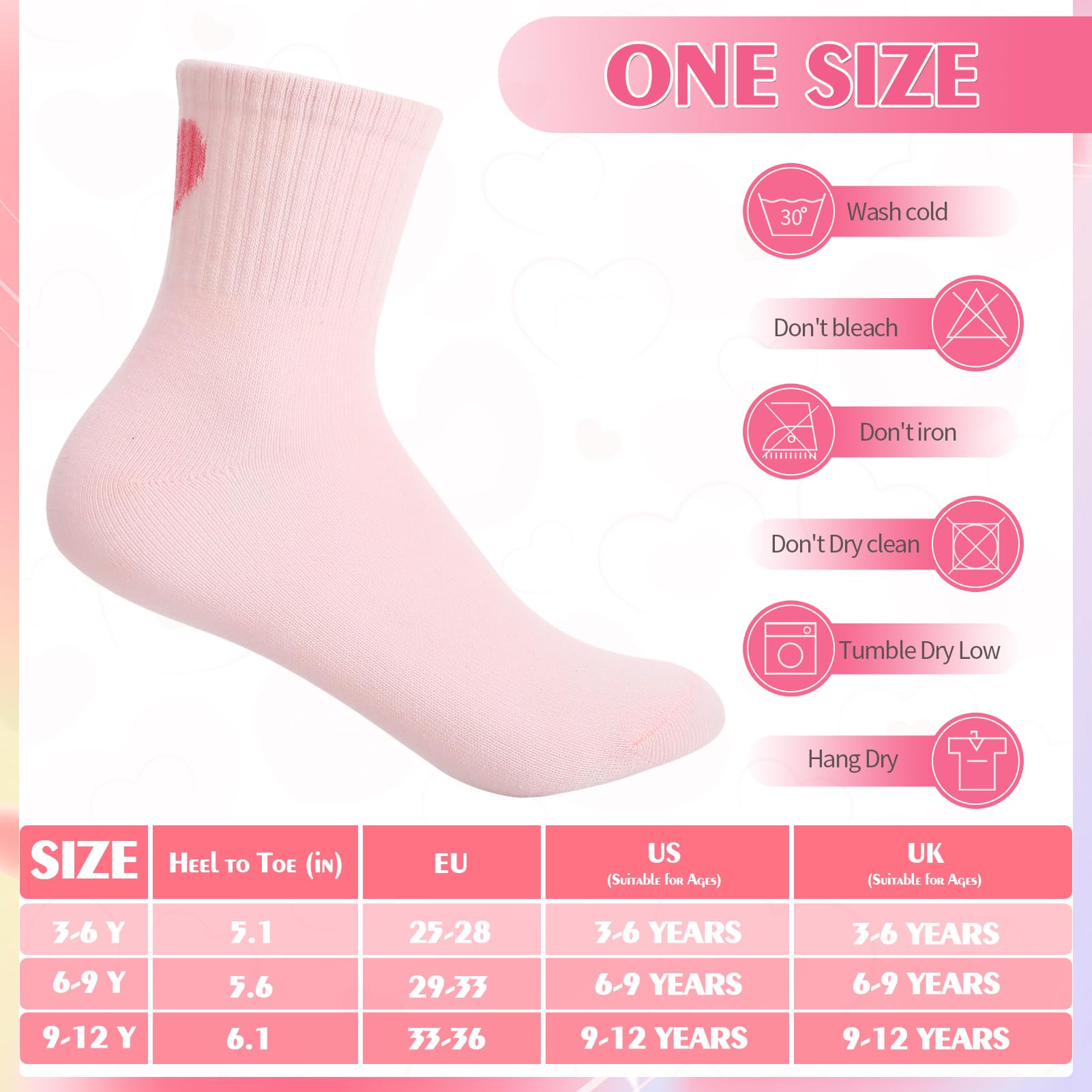 Utensilsto 6 paia di calzini da bambina 25-28, 29-33, 33-36, calzini da tennis, calzini sportivi in cotone, con strisce retrò, a forma di cuore, calzini per bambini per ragazze e ragazzi