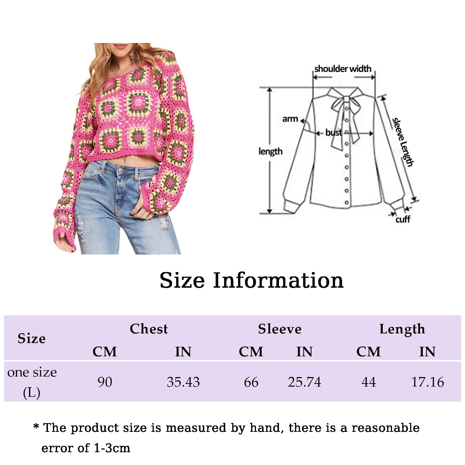 Femmes Floral Crochet Crop Top À Manches Longues Évider Col Rond Lâche Pull Tricot Tops