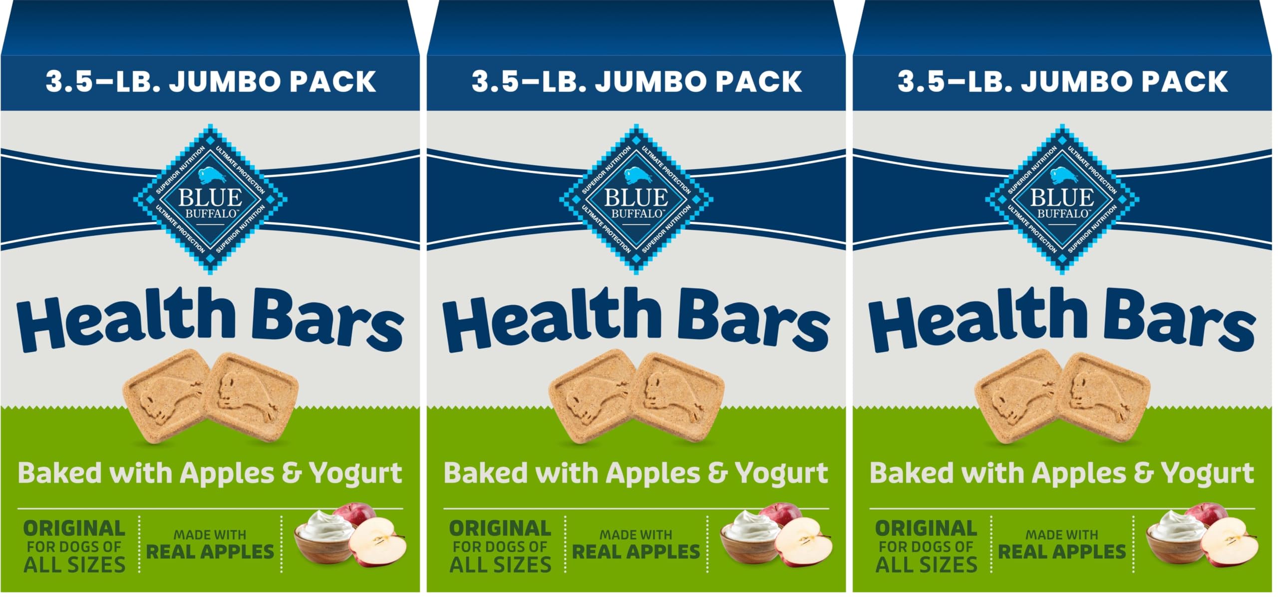Blue Buffalo Health Bars Crunchy Dog Biscuits, Oven-Baked with Natural Ingredients, Apples &amp; Yogurt, 3.5-lbs Box (Pack of 3)