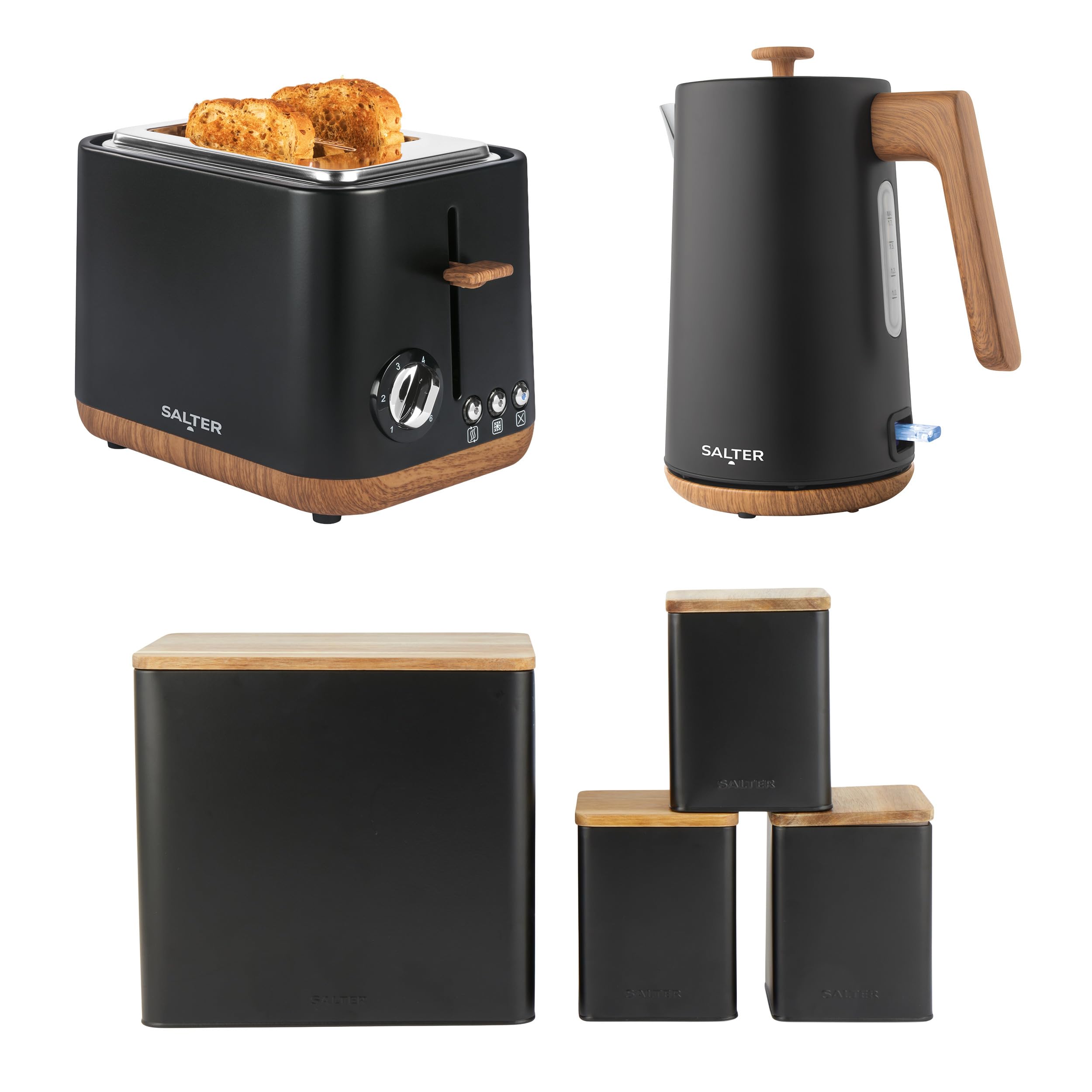 Salter Toronto 3-Piece Kitchen Set – 1.7L 3KW Rapid Boil Kettle, 815W 2-Slice Toaster & 4pc Countertop Set with Bread, Tea, Coffee & Sugar Canisters, Durable & Easy Clean, Matte Black/Wooden Accents — image 1