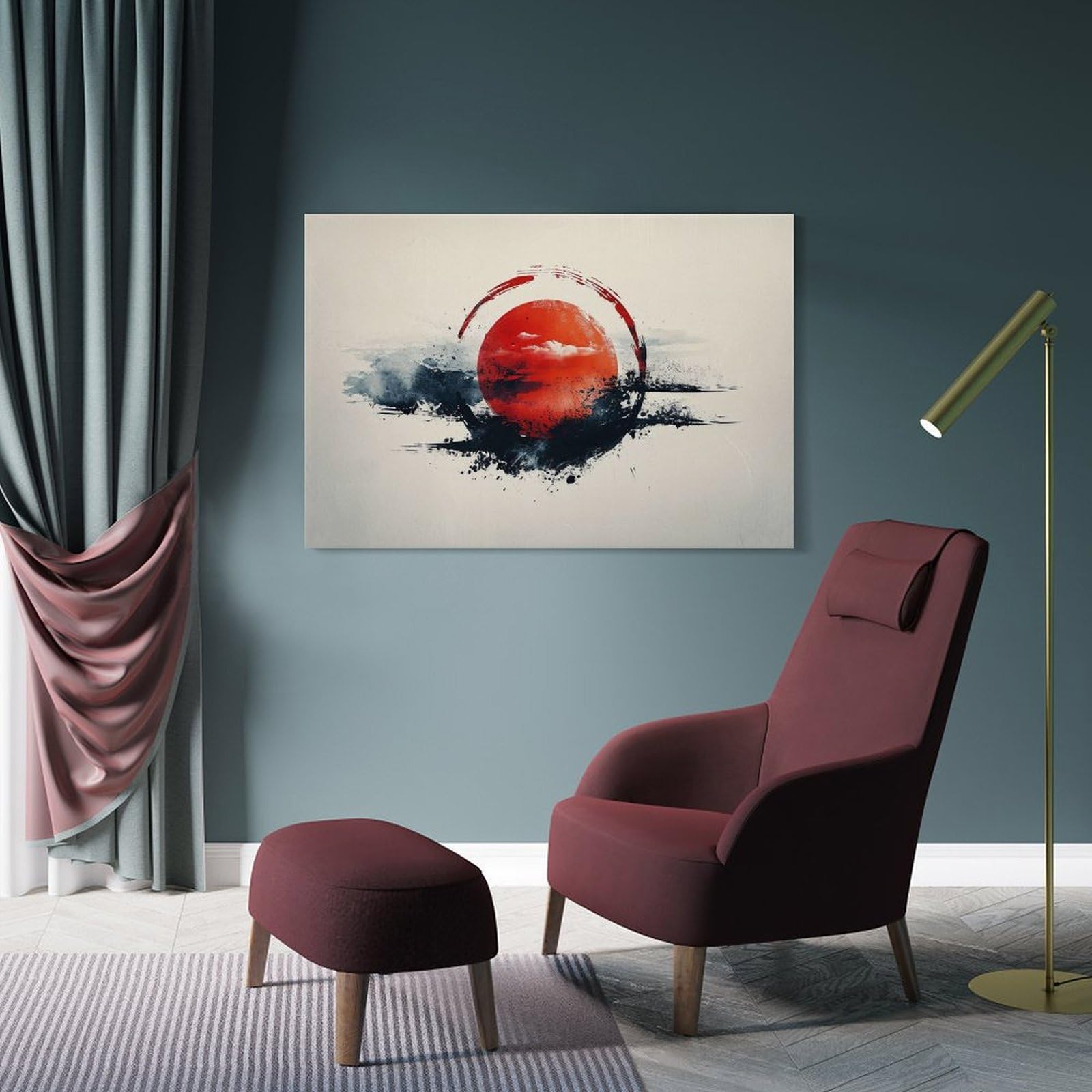 Amazon.co.jp: 絵画 赤い太陽の水墨画インテリア 絵画 モダンなミニマ