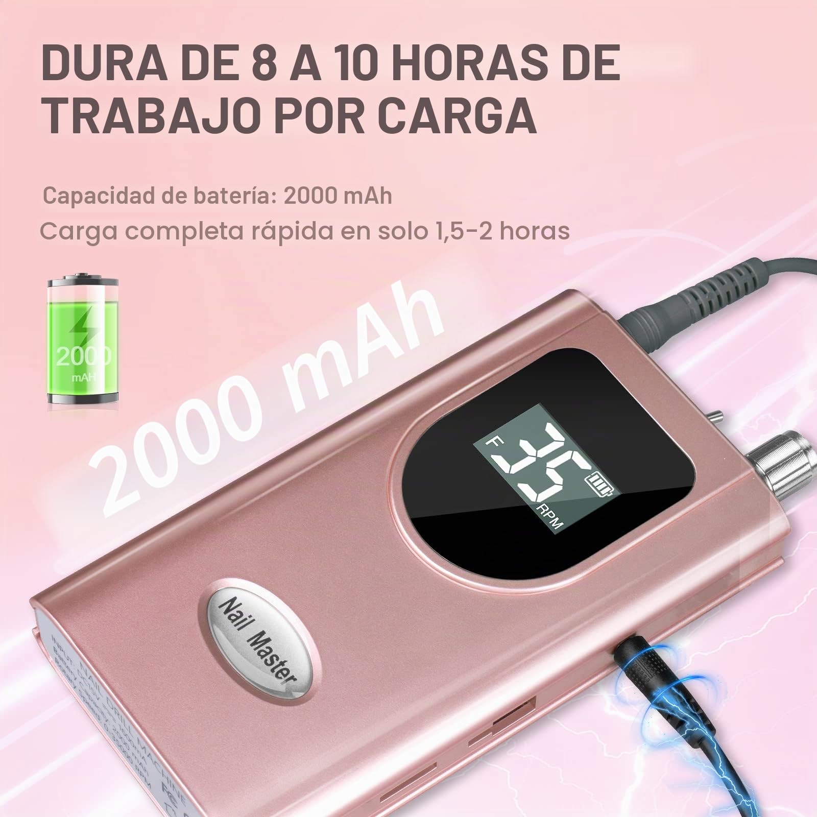 Torno para Uñas Profesional 35000RPM, AZ GOGO Pórtatil ＆ Recargable Torno Uñas Inalambrico para Manicura y Pedicura con 6 Brocas y Pantalla LCD, Lima Electrica para Gel o Acrilicas