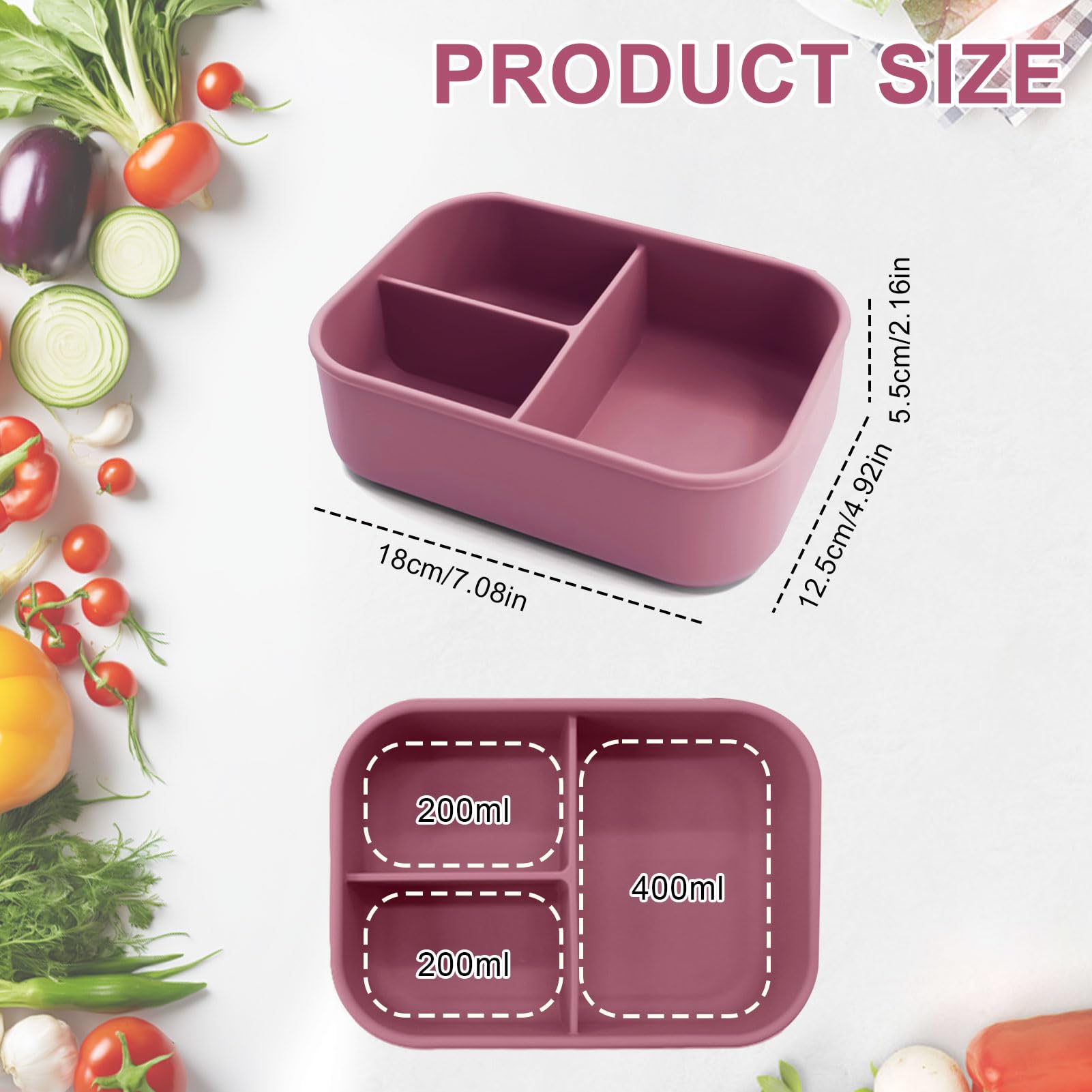 Contenitore Pranzo In Silicone Per Adulti 800 Ml – Bento Box 3 Scomparti, Pieghevole, Anti-perdite, Adatto A Microonde E Lavastoviglie (Rosa)