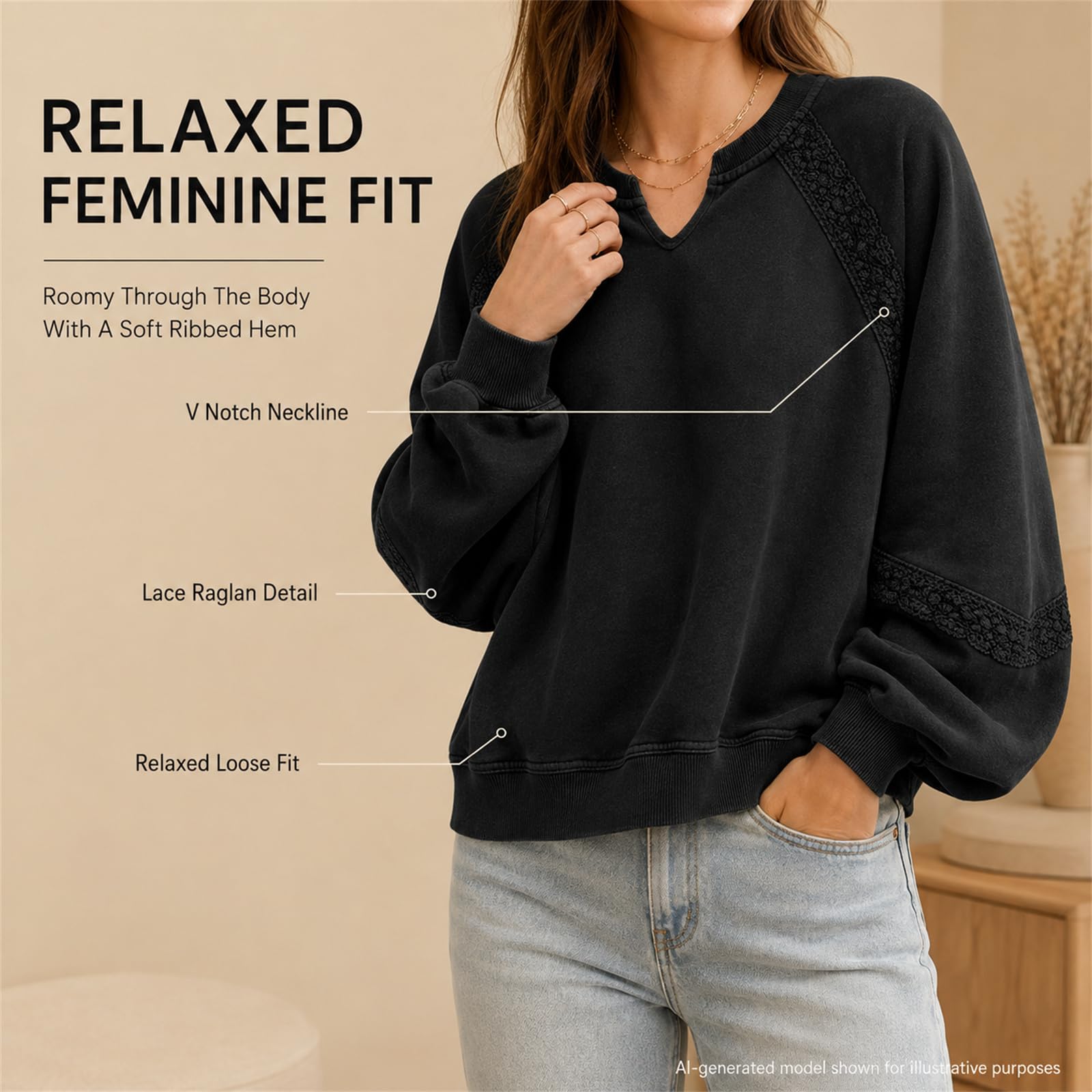 Damska bluza oversize, dekolt w serek, koronkowe rękawy z lampionami | Koronkowy patchwork, dekolt w serek, raglanowe rękawy, luźny krój, prążkowany brzeg, styl wiosna-jesień